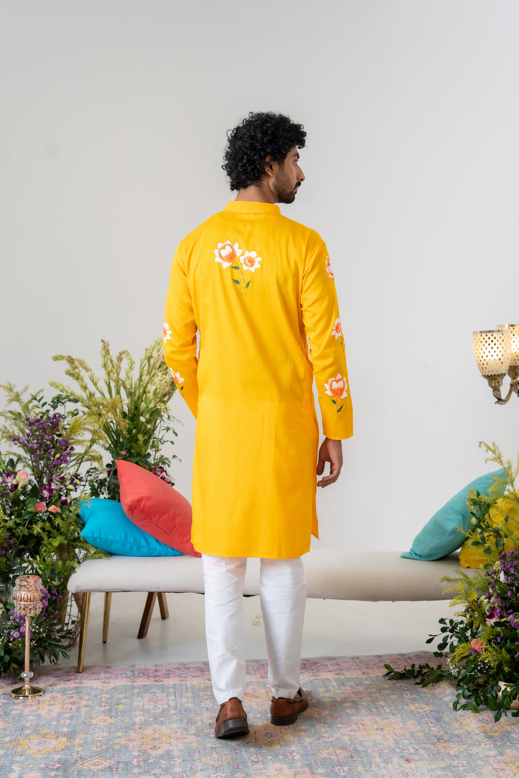 Handpainted and Hand embroidered Yellow White Rose Men's Kurta