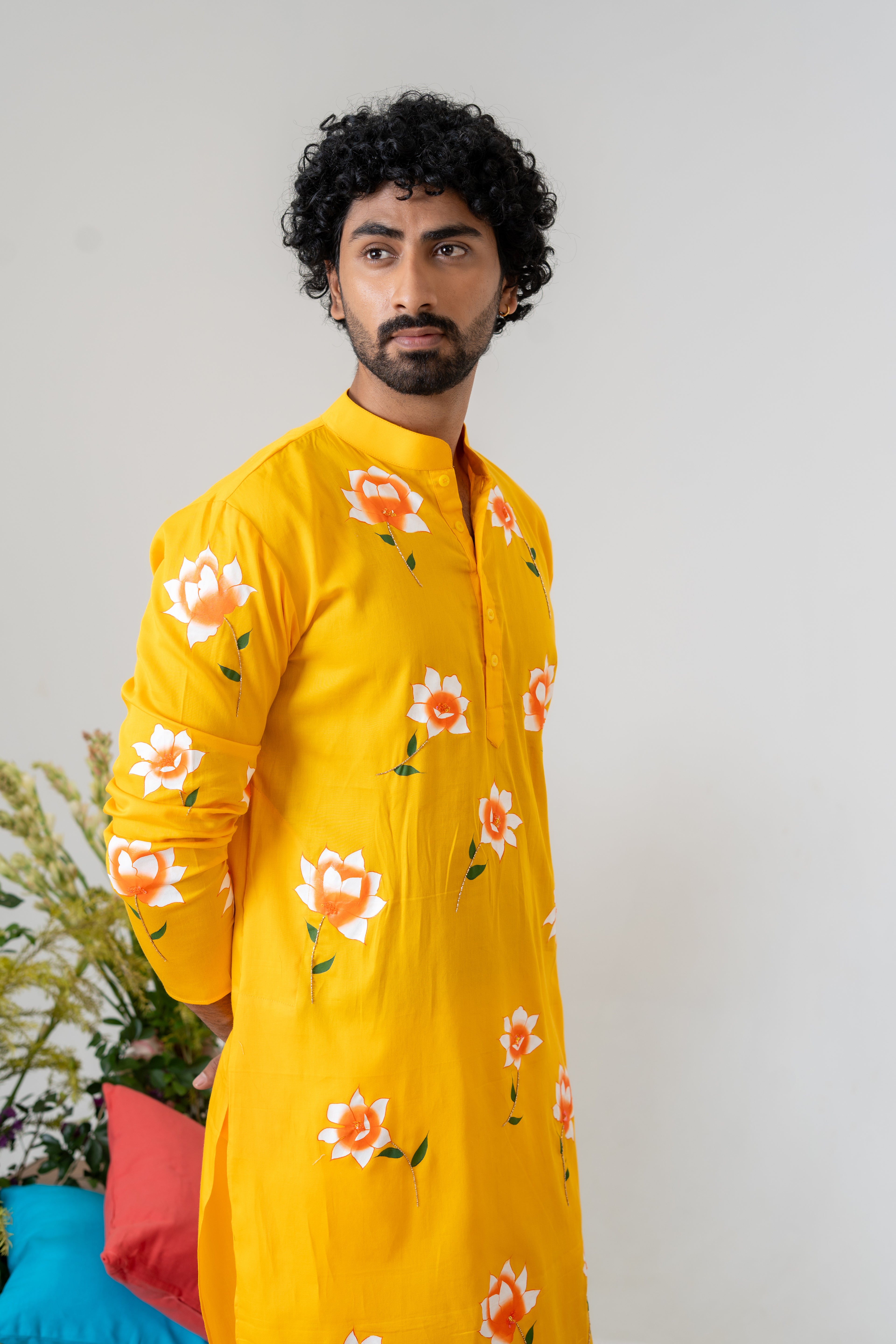 Handpainted and Hand embroidered Yellow White Rose Men's Kurta