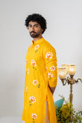 Handpainted and Hand embroidered Yellow White Rose Men's Kurta