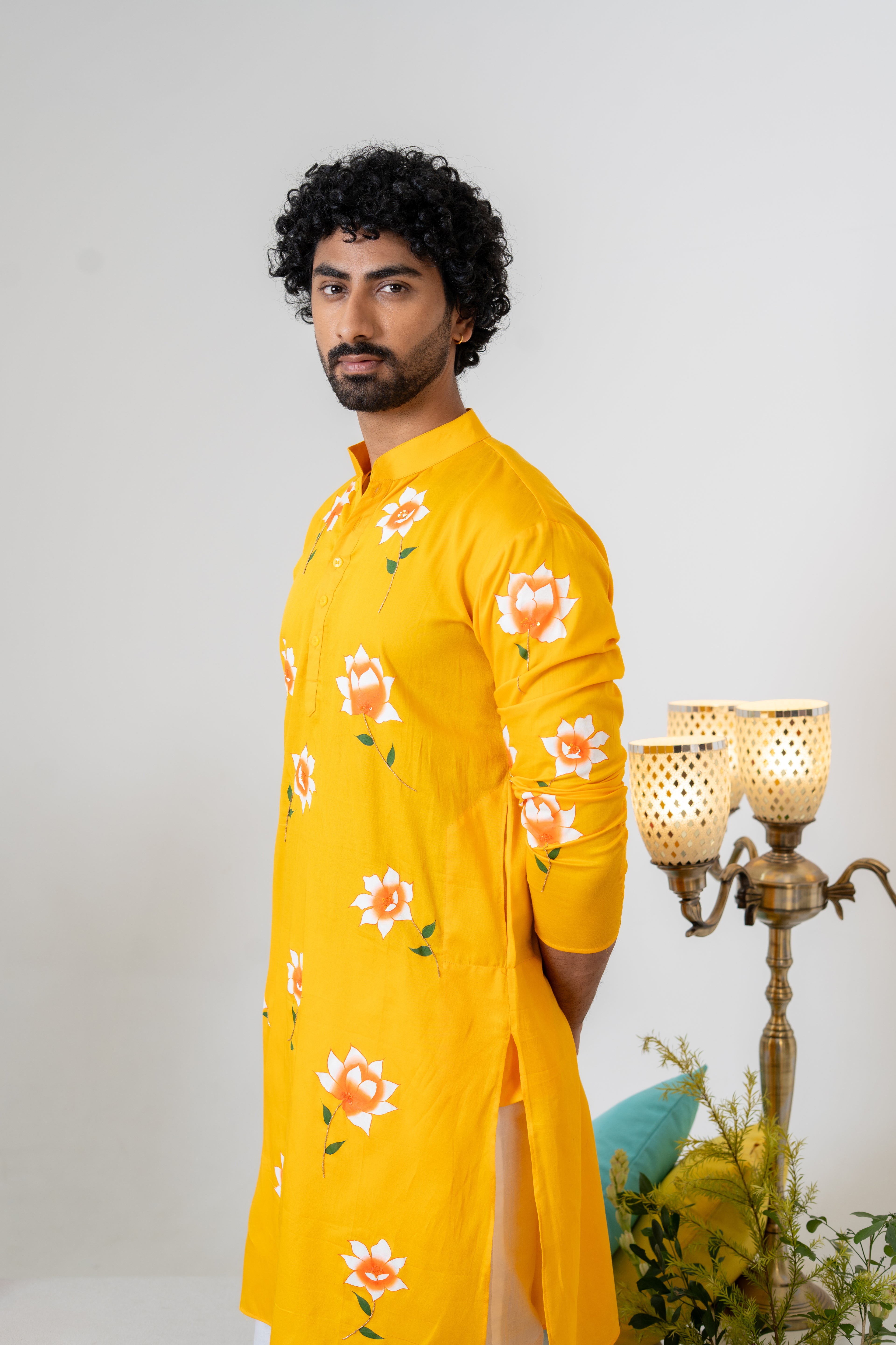 Handpainted and Hand embroidered Yellow White Rose Men's Kurta