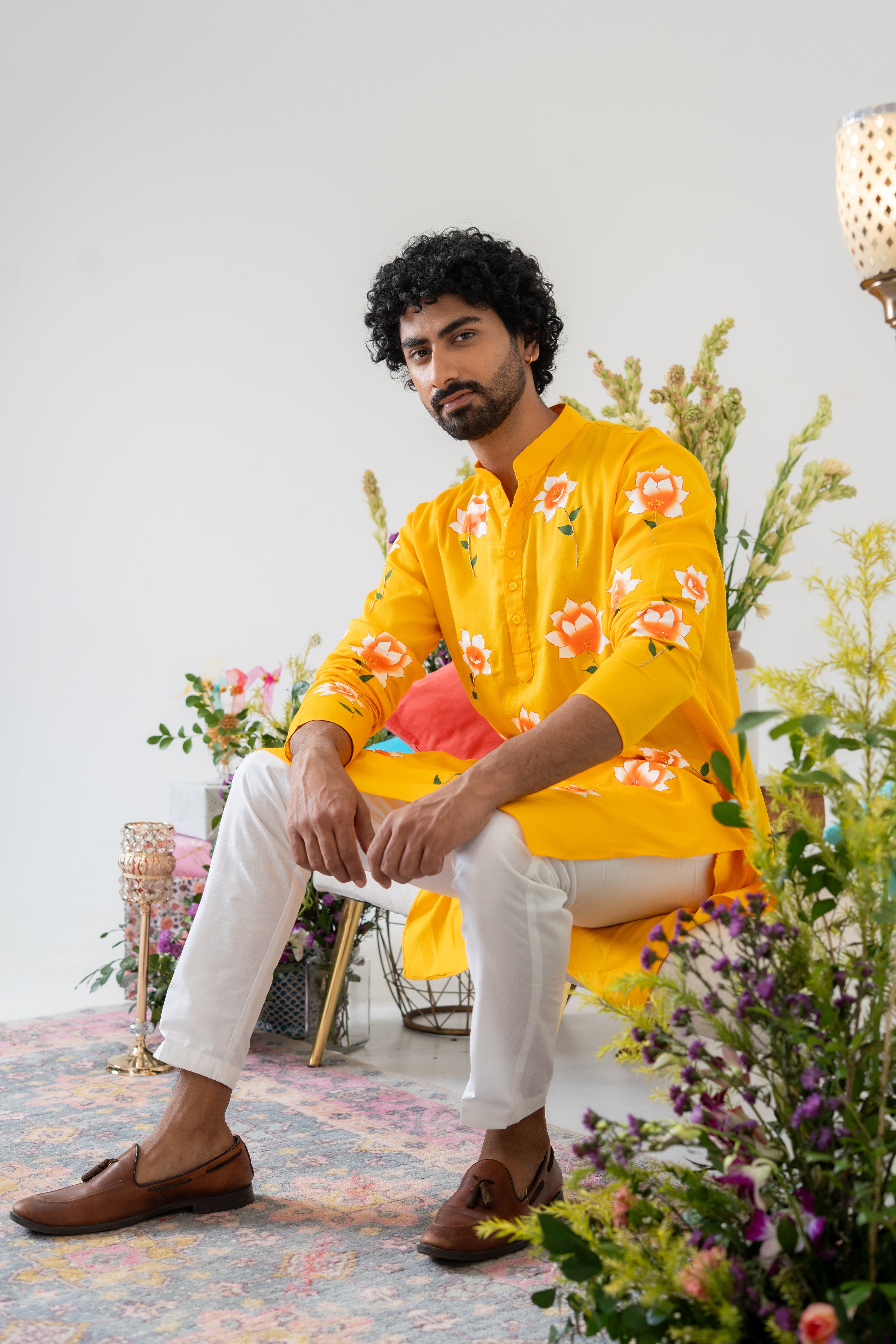 Handpainted and Hand embroidered Yellow White Rose Men's Kurta