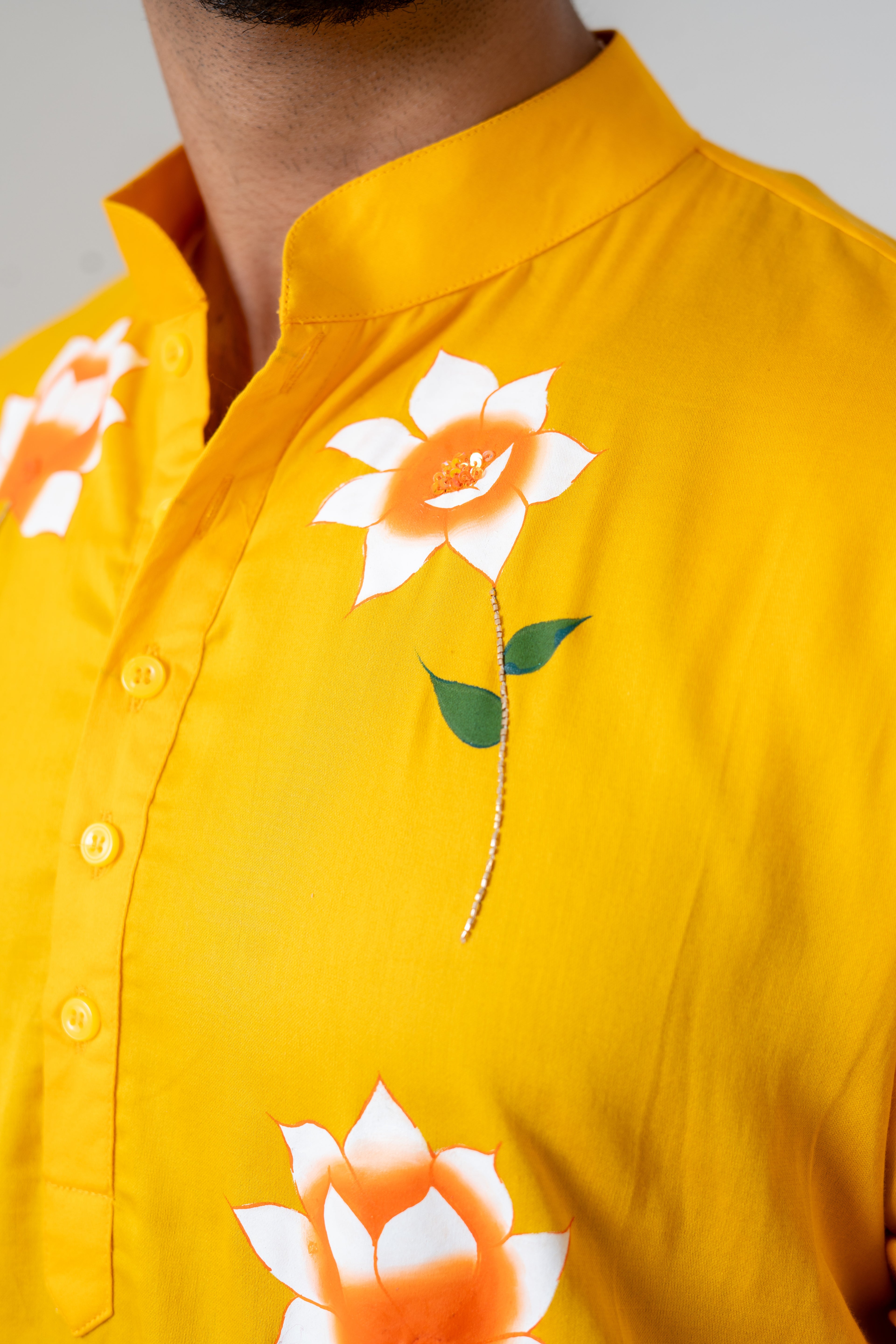 Handpainted and Hand embroidered Yellow White Rose Men's Kurta