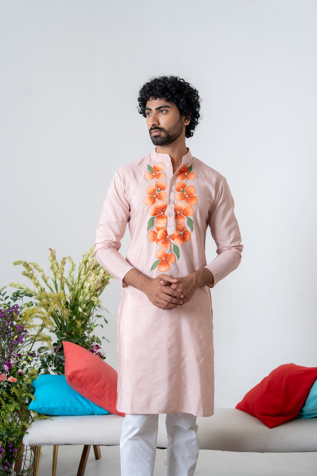 Hand-painted Peach Floral Men's Kurta