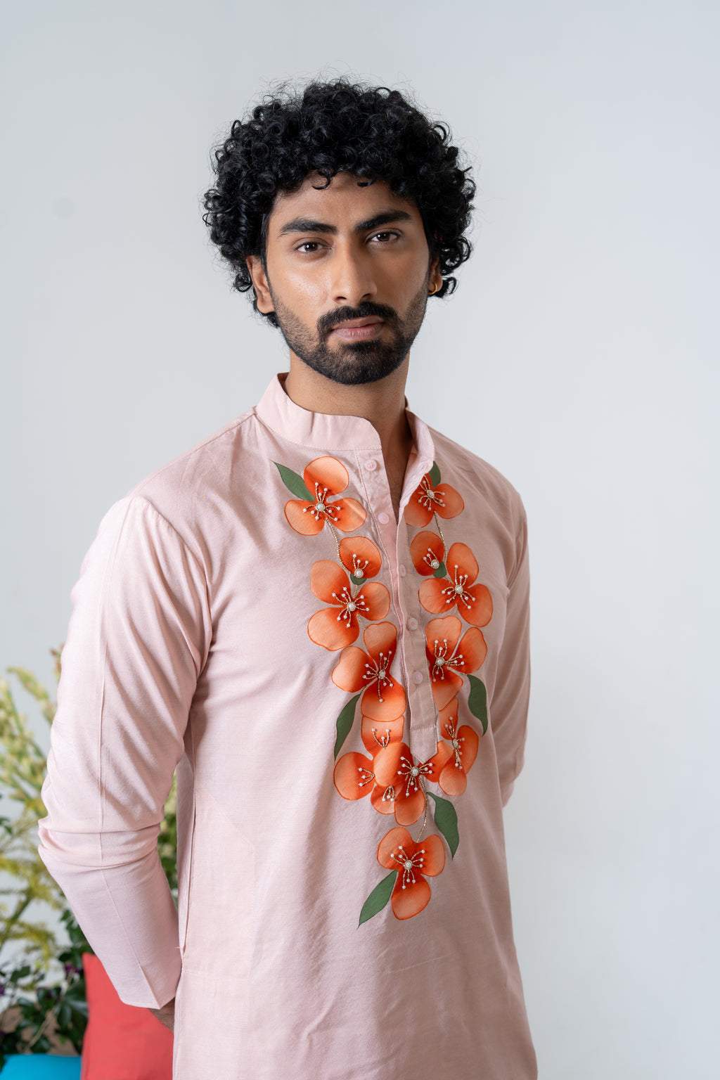 Hand-painted Peach Floral Men's Kurta