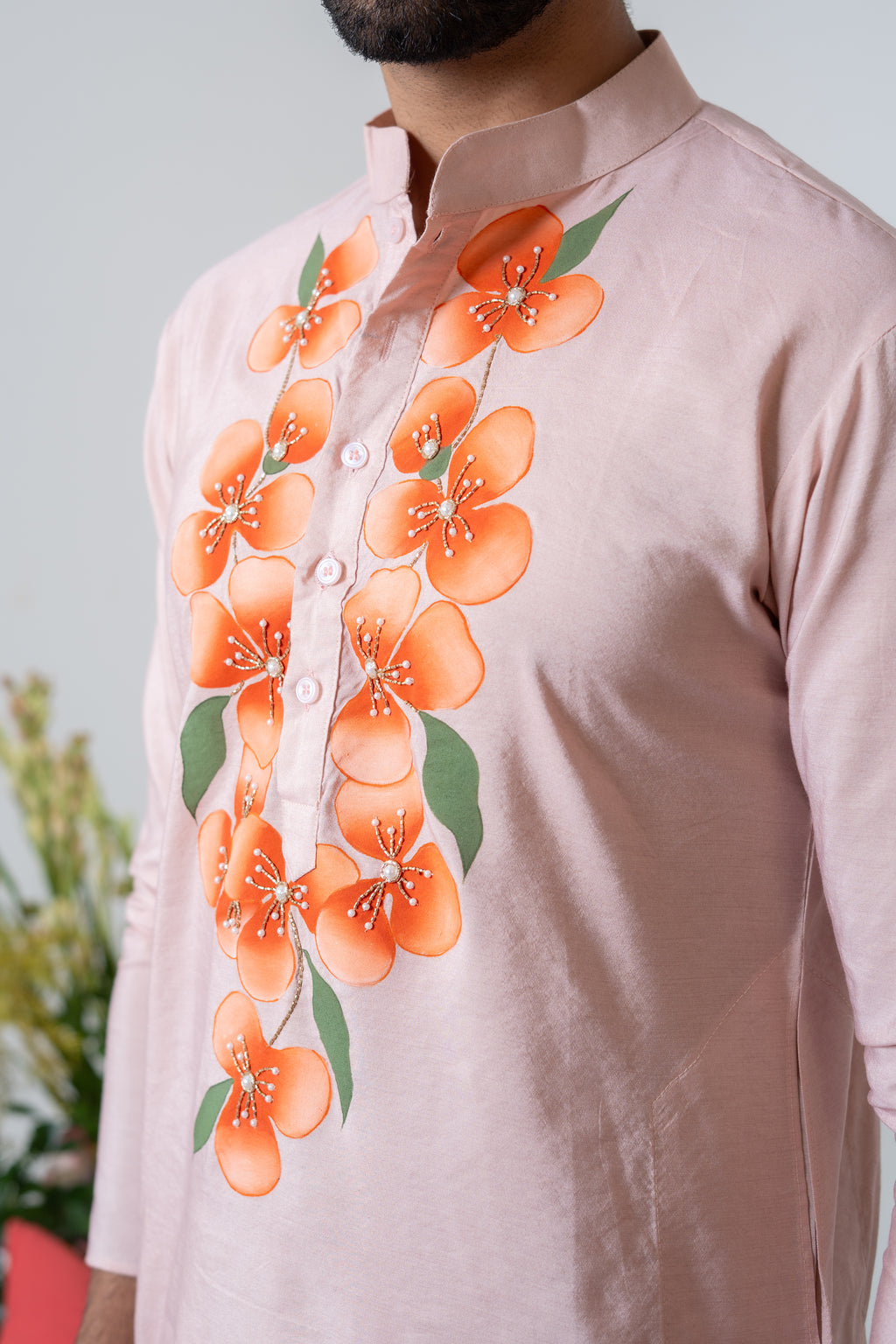 Hand-painted Peach Floral Men's Kurta