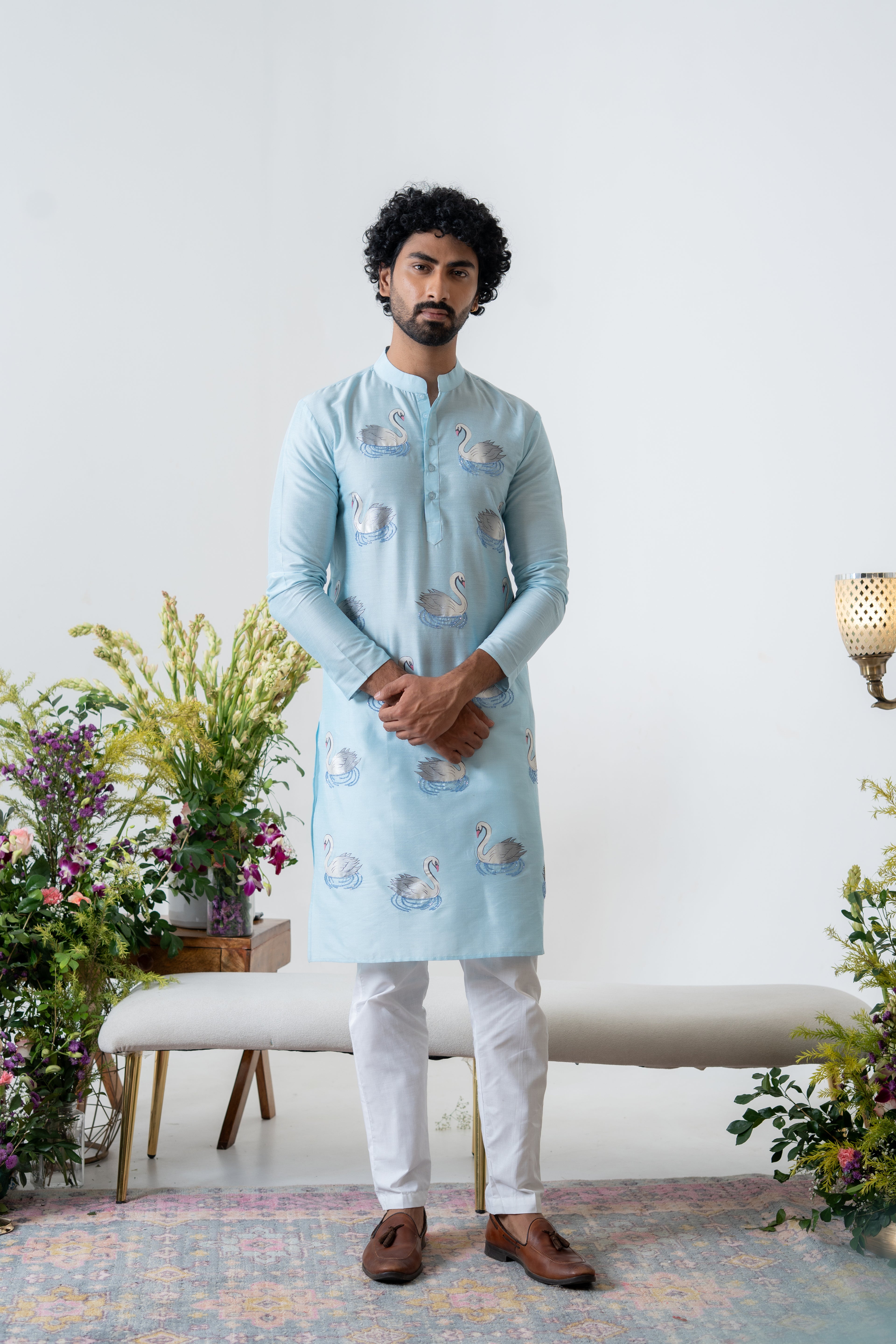 Handpainted and Hand embroidered Pastel Blue Swan Men's Kurta
