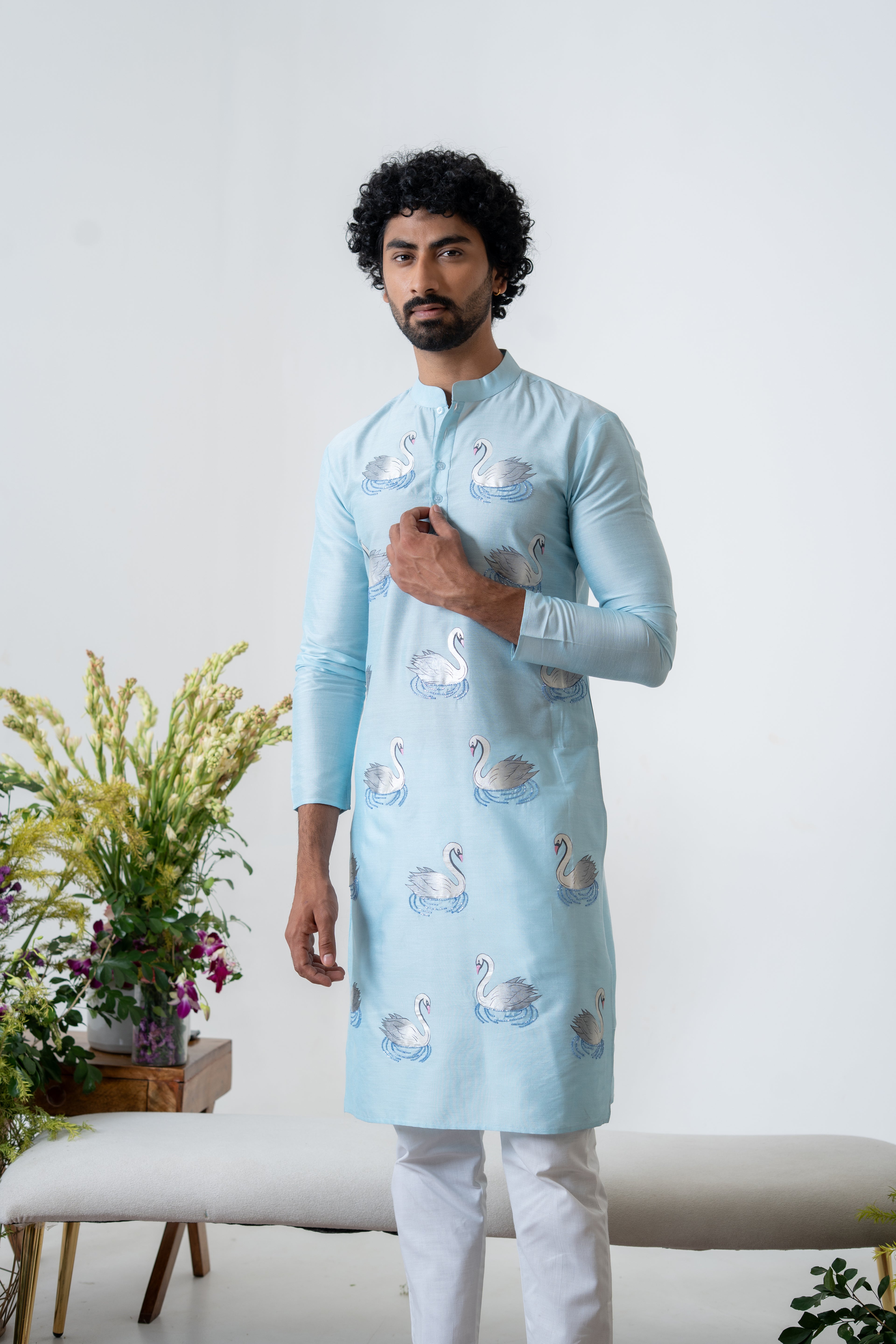 Handpainted and Hand embroidered Pastel Blue Swan Men's Kurta