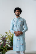 Handpainted and Hand embroidered Pastel Blue Swan Men's Kurta