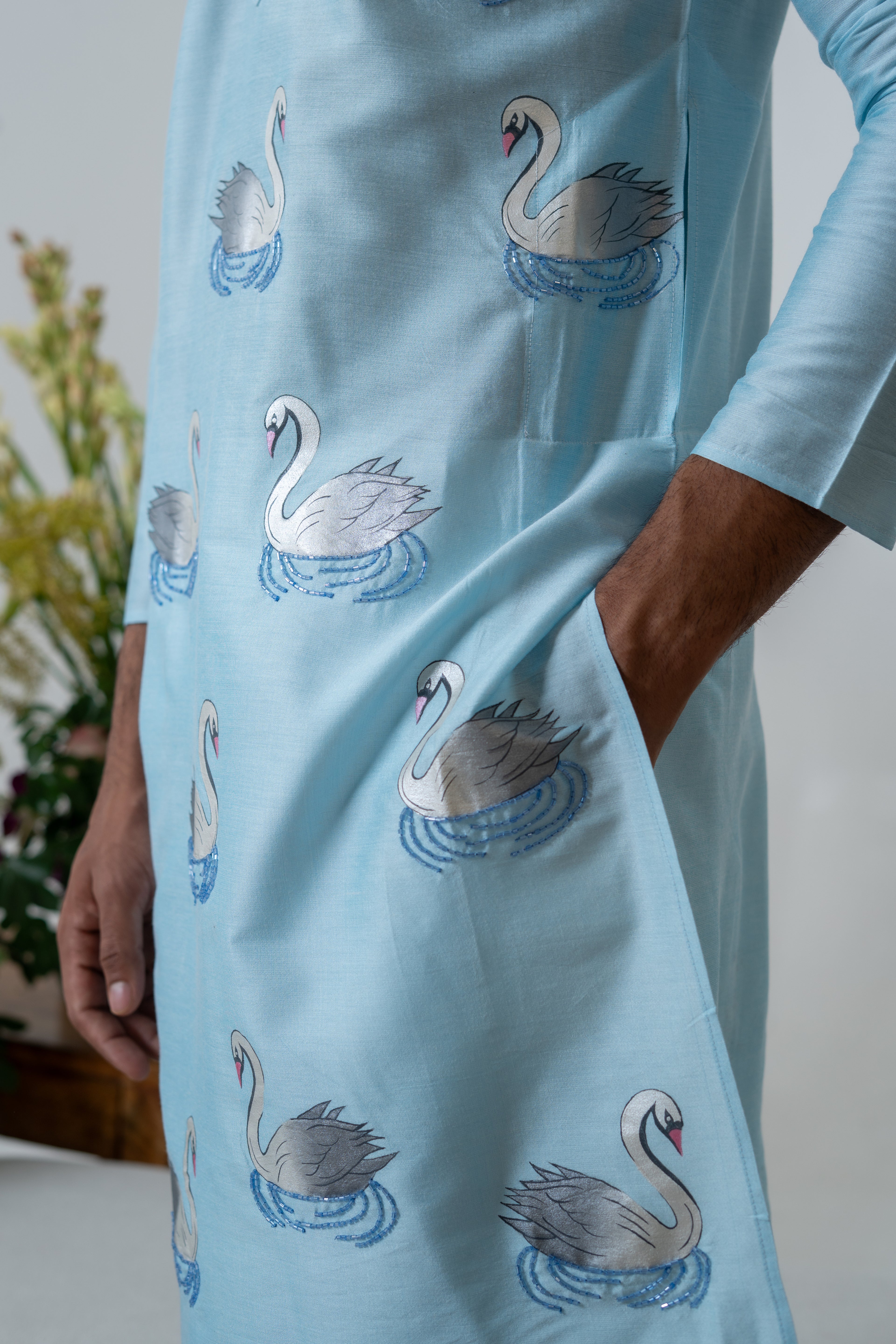 Handpainted and Hand embroidered Pastel Blue Swan Men's Kurta