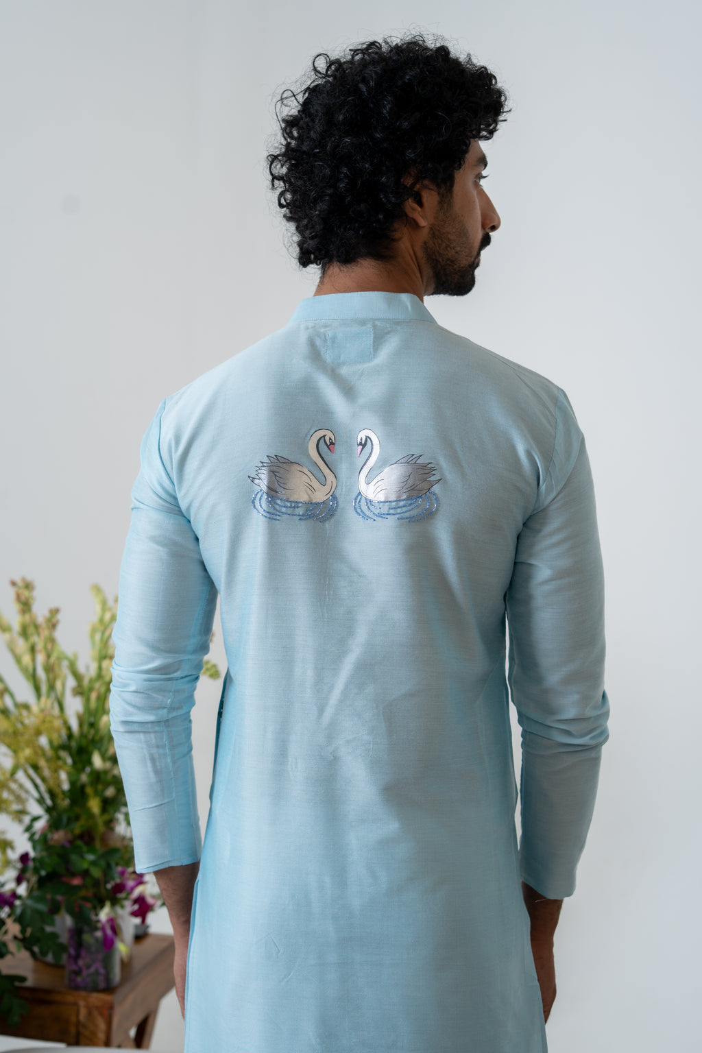 Handpainted and Hand embroidered Pastel Blue Swan Men's Kurta