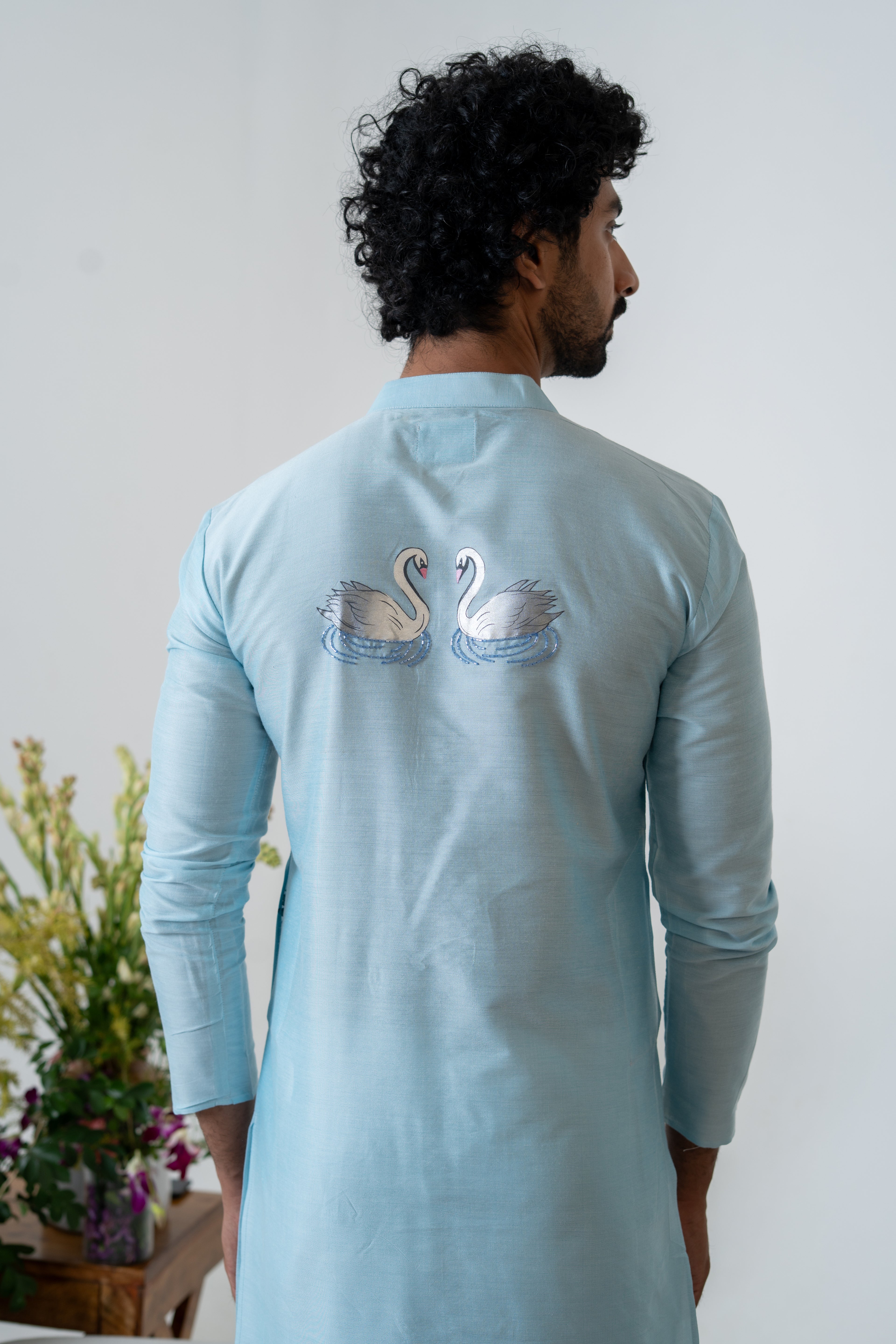Handpainted and Hand embroidered Pastel Blue Swan Men's Kurta