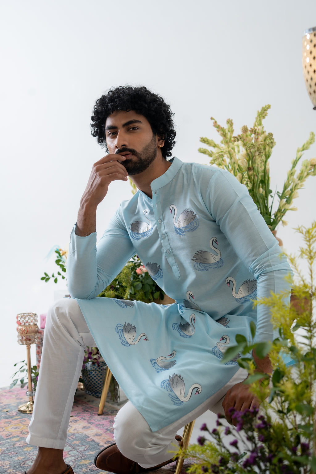 Handpainted and Hand embroidered Pastel Blue Swan Men's Kurta