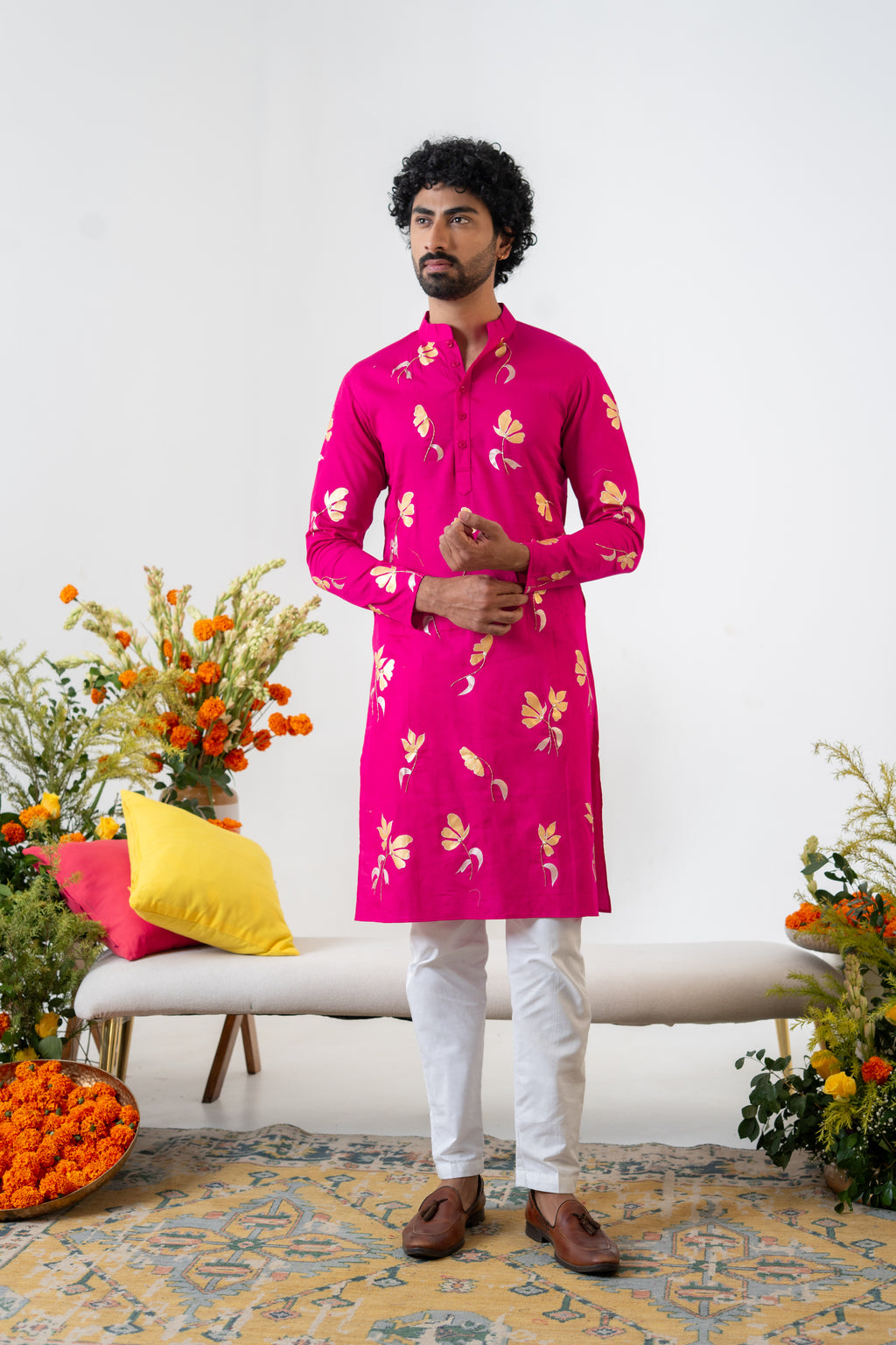 Handpainted and Hand embroidered Rani Pink Golden Poppy Men's Kurta