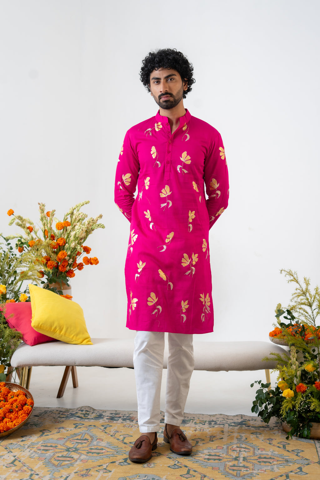 Handpainted and Hand embroidered Rani Pink Golden Poppy Men's Kurta