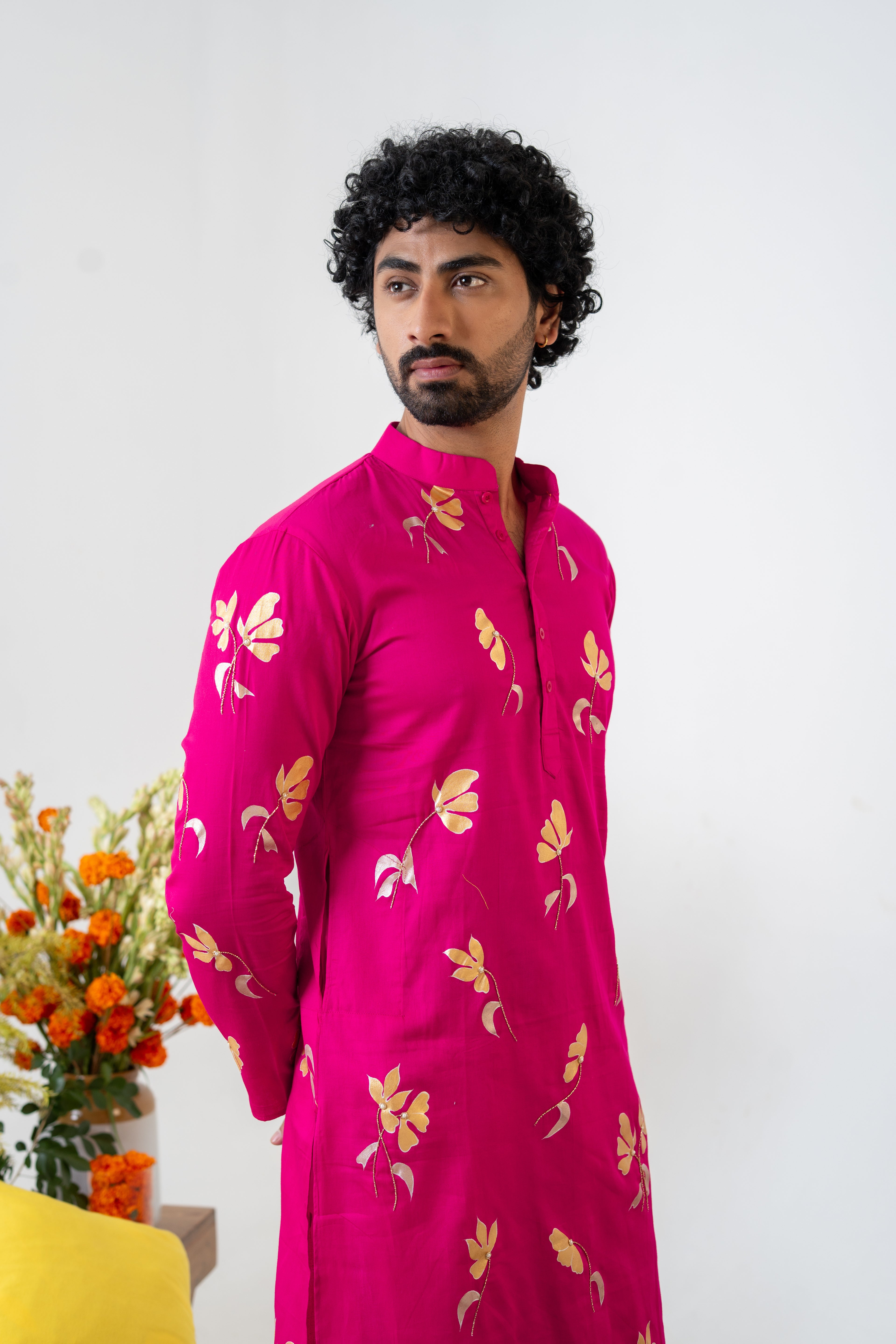 Handpainted and Hand embroidered Rani Pink Golden Poppy Men's Kurta