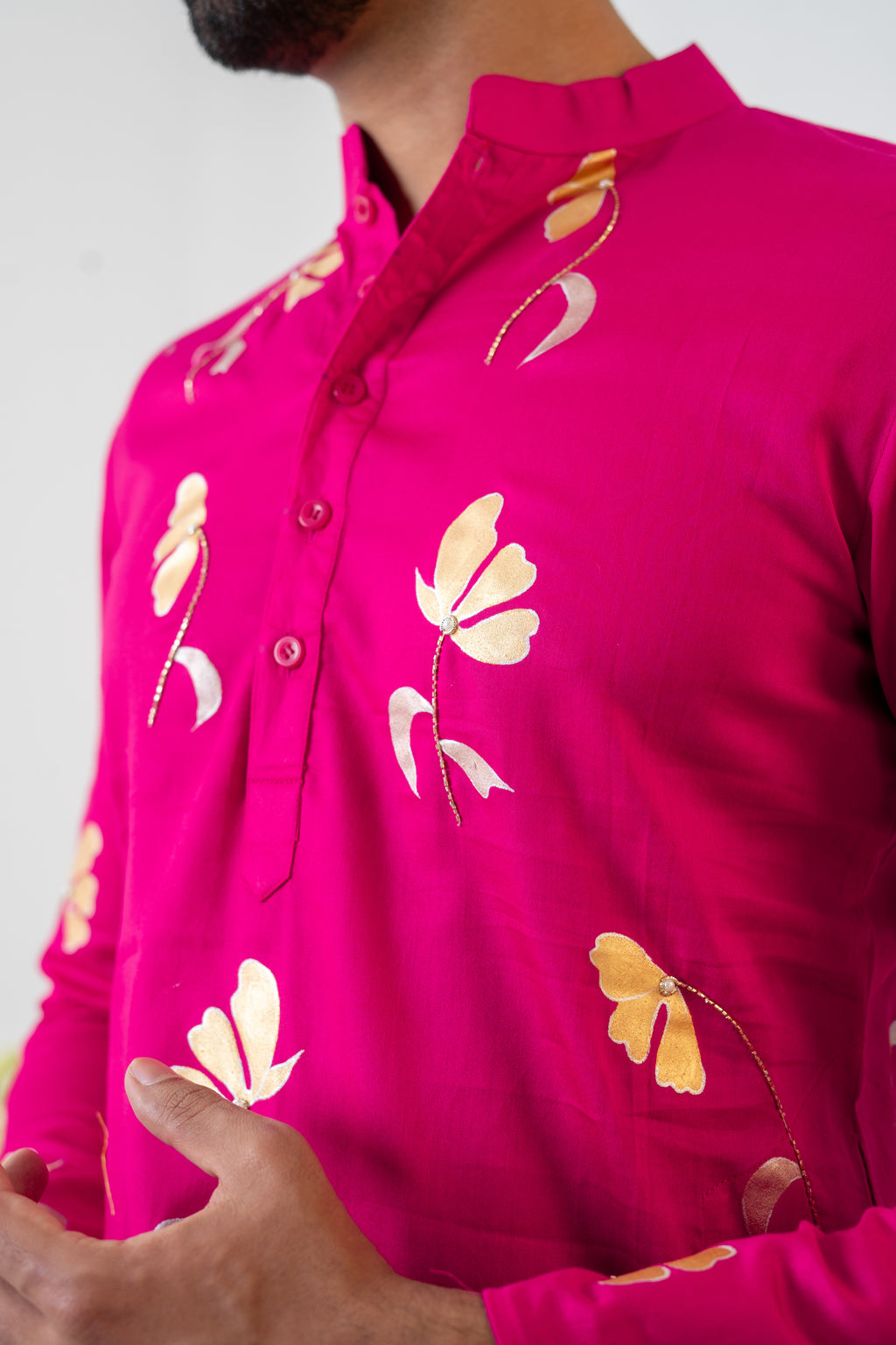 Handpainted and Hand embroidered Rani Pink Golden Poppy Men's Kurta