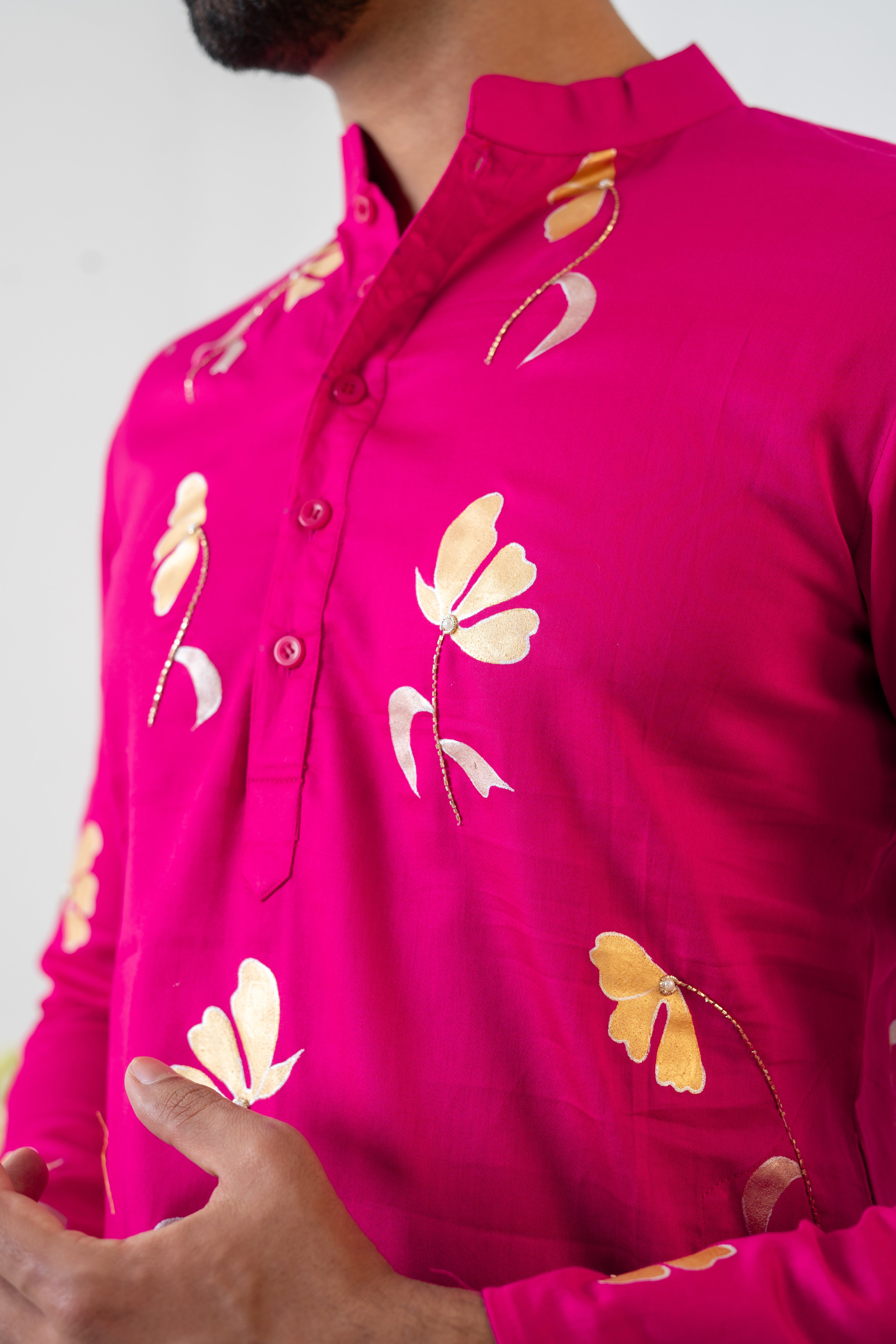 Handpainted and Hand embroidered Rani Pink Golden Poppy Men's Kurta