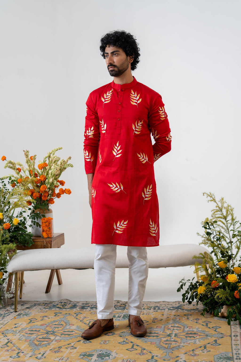 Hand-painted Red Fern Men's Kurta