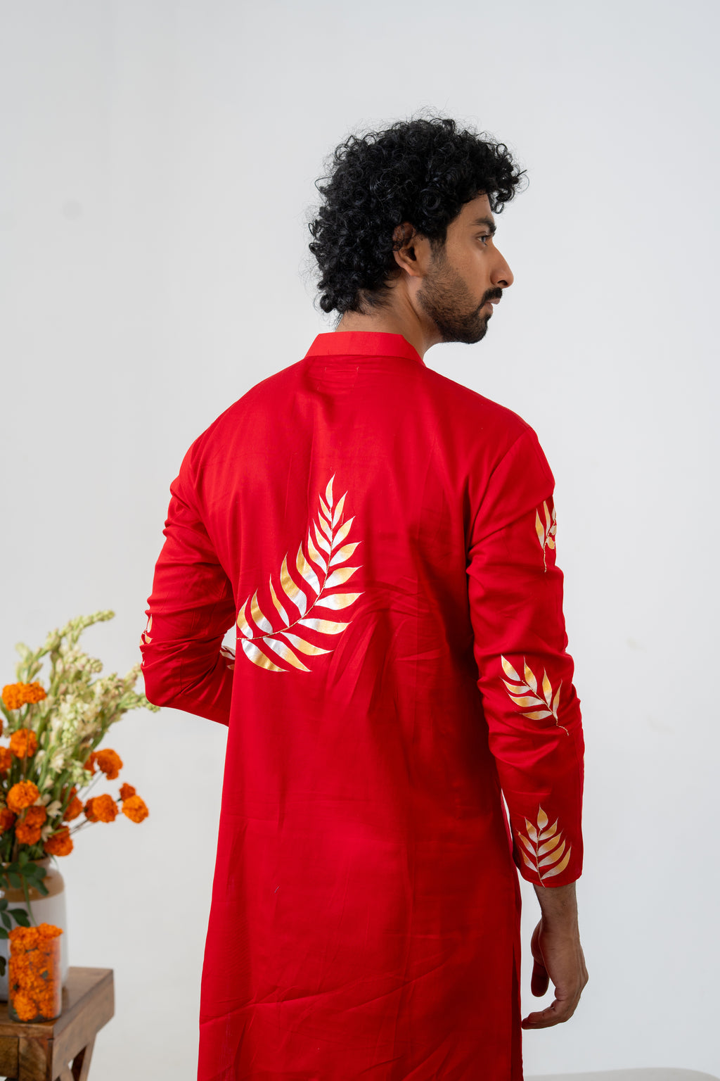 Hand-painted Red Fern Men's Kurta