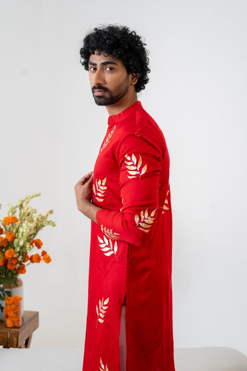 Hand-painted Red Fern Men's Kurta