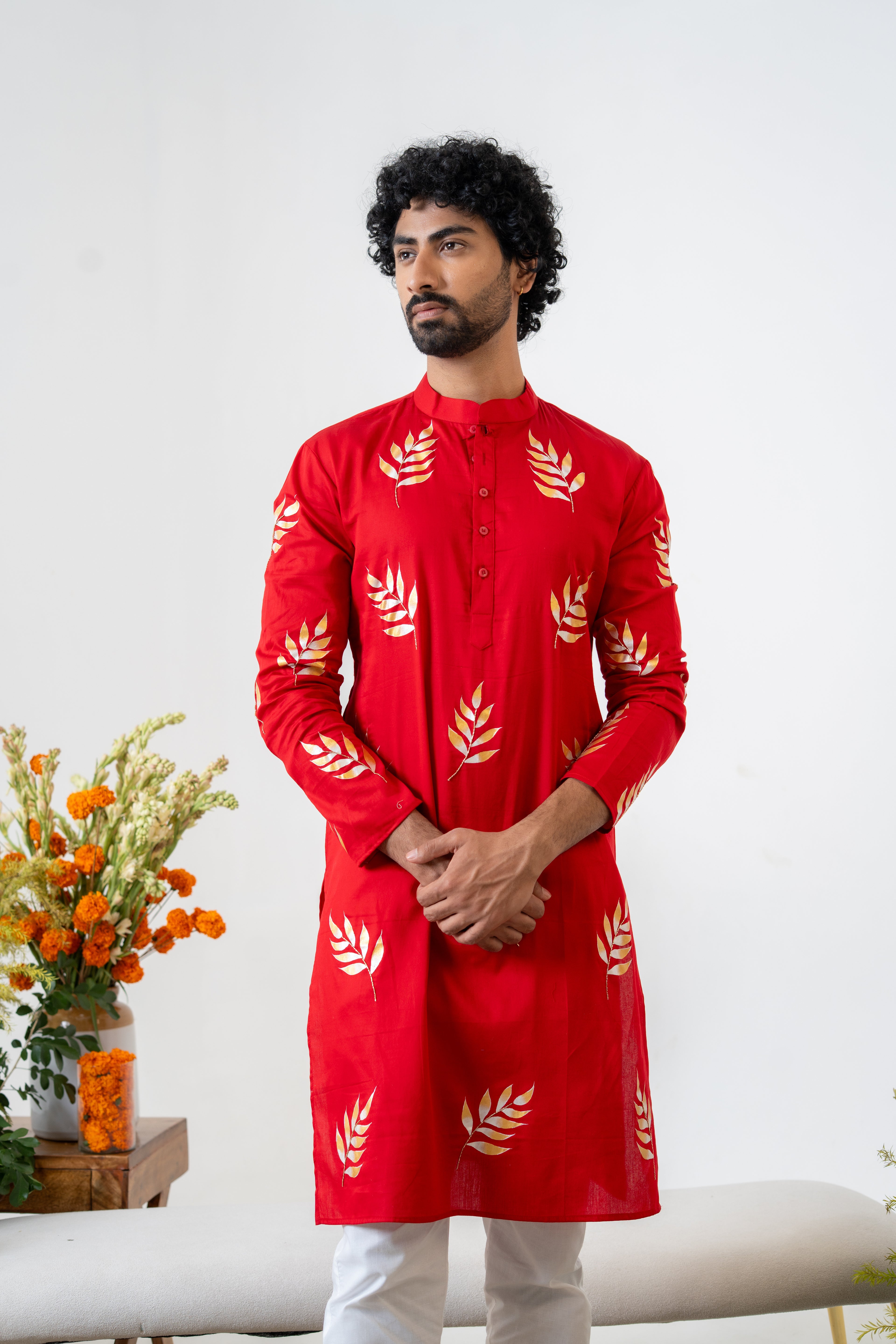 Hand-painted Red Fern Men's Kurta