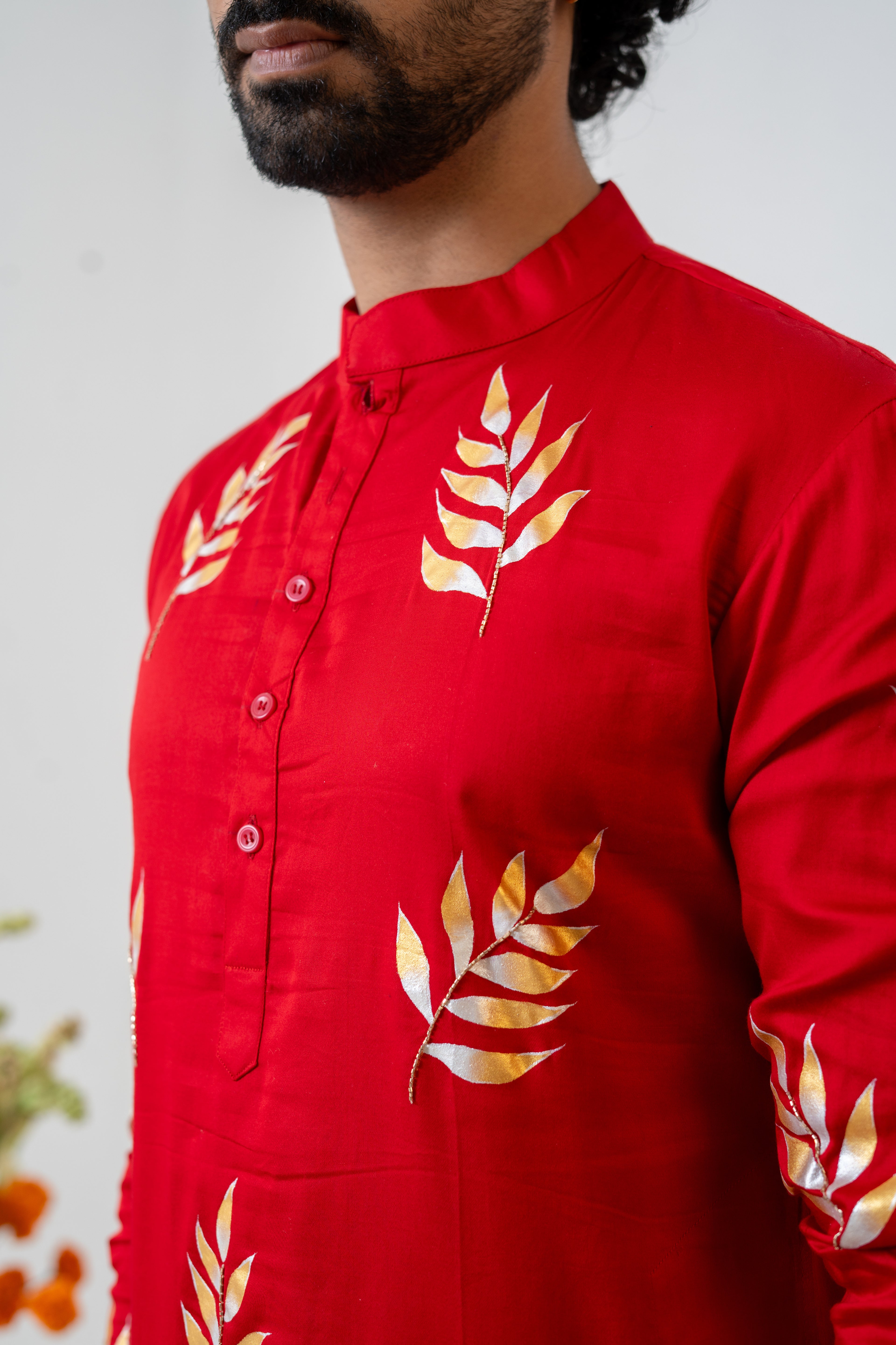Hand-painted Red Fern Men's Kurta