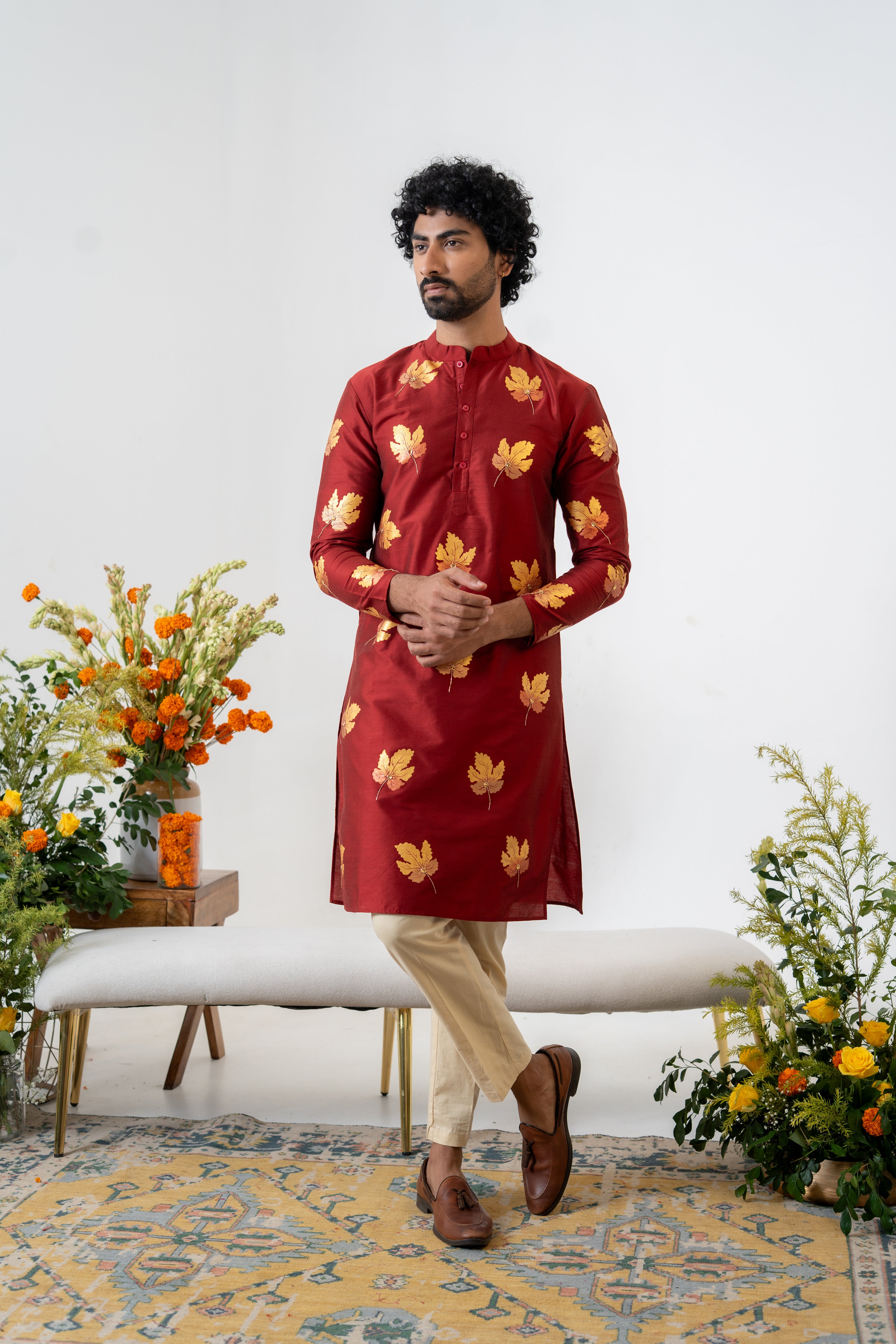 Handpainted and Hand embroidered Maroon Golden Maple Men's Kurta