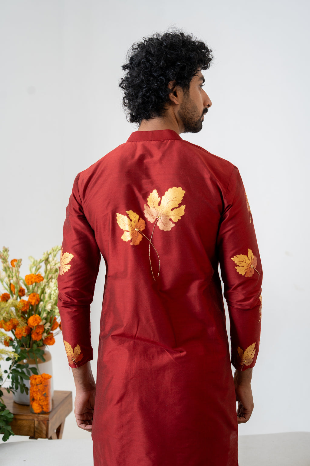 Handpainted and Hand embroidered Maroon Golden Maple Men's Kurta