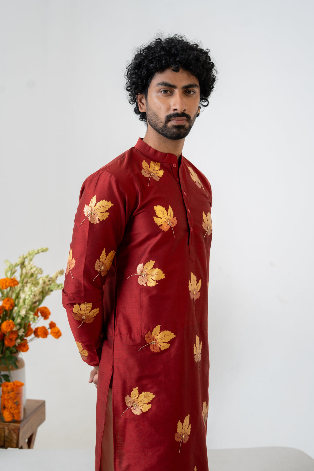 Handpainted and Hand embroidered Maroon Golden Maple Men's Kurta