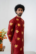 Handpainted and Hand embroidered Maroon Golden Maple Men's Kurta