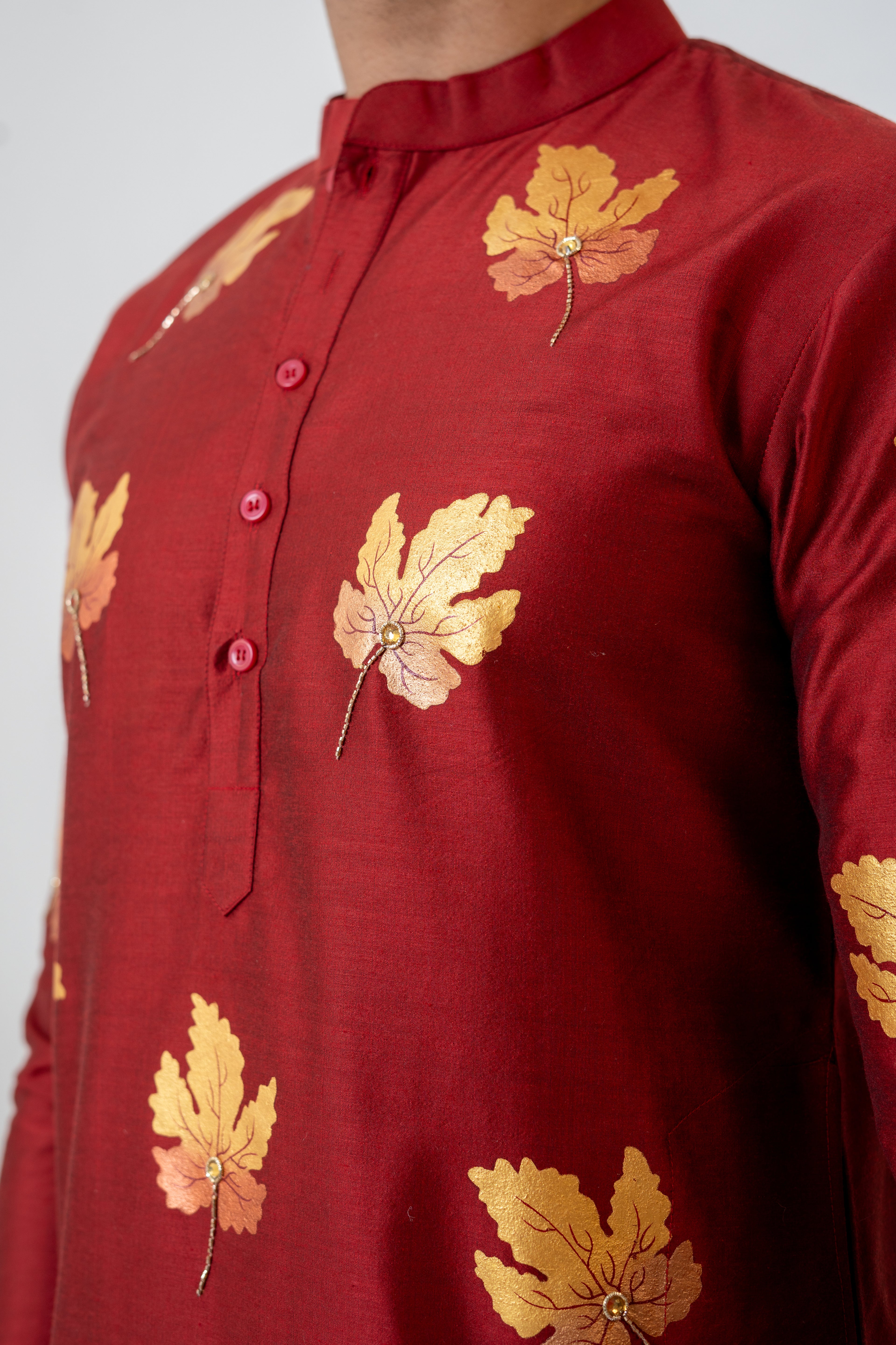 Handpainted and Hand embroidered Maroon Golden Maple Men's Kurta
