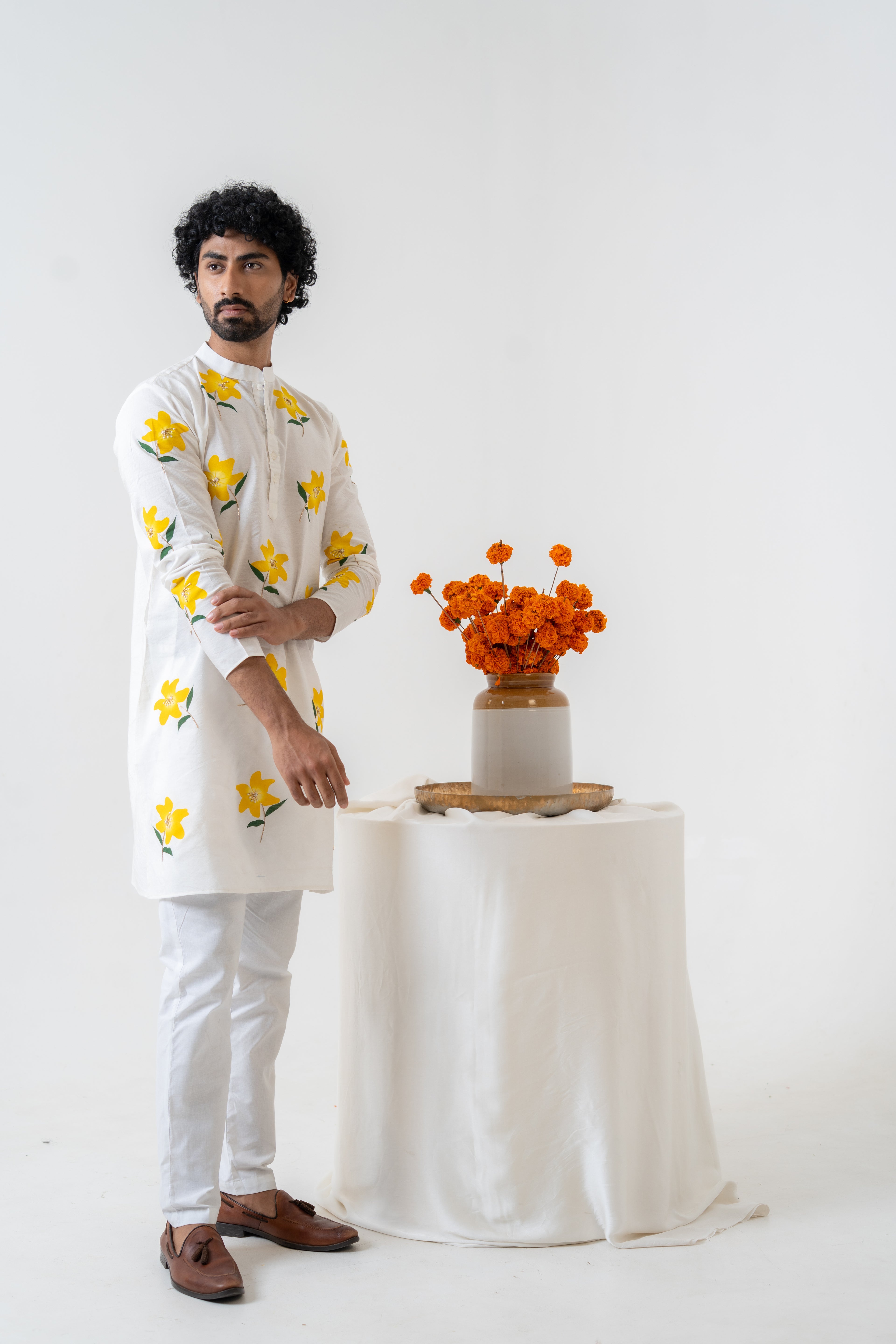Handpainted and Hand embroidered Ivory Lily Men's Kurta