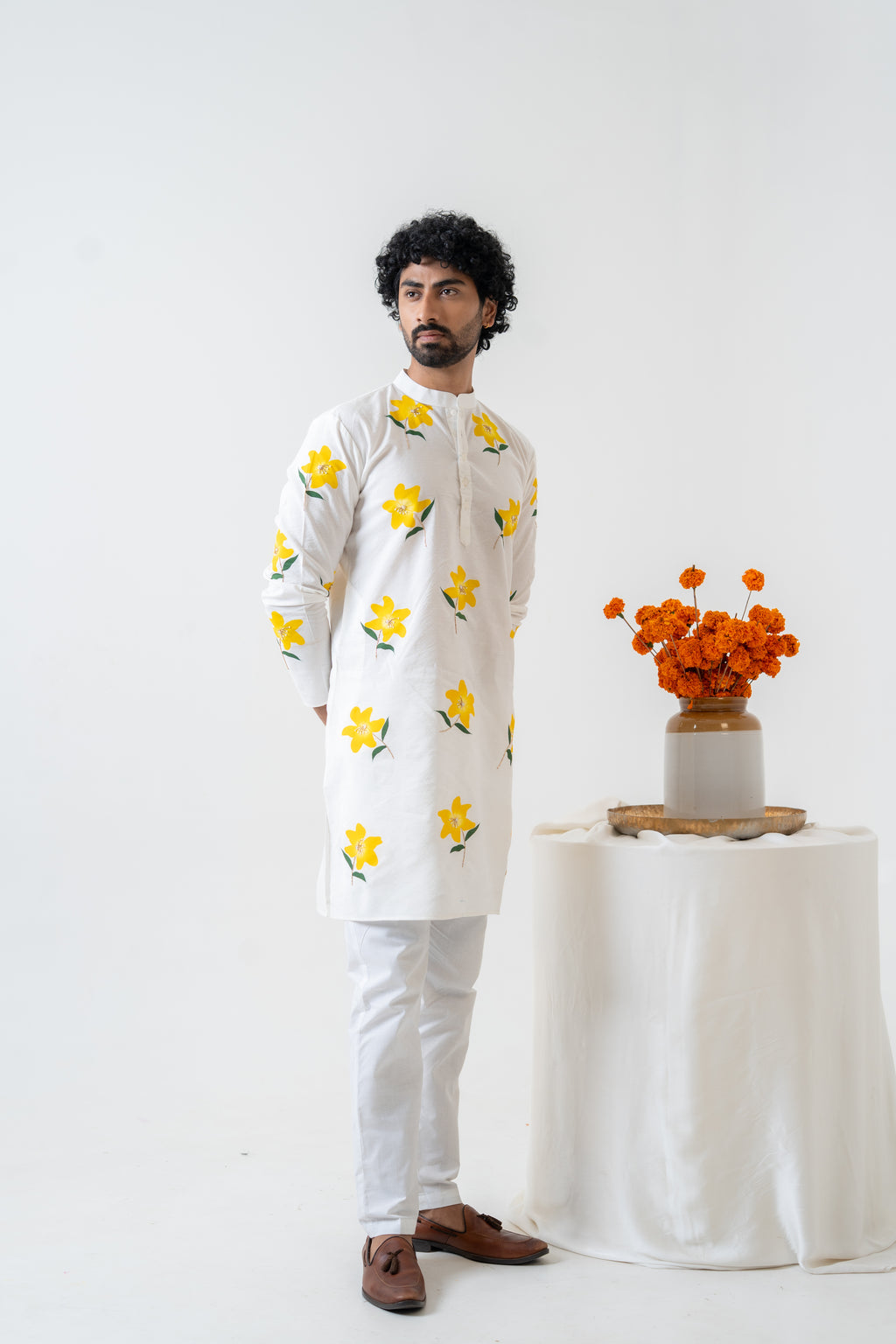 Handpainted and Hand embroidered Ivory Lily Men's Kurta