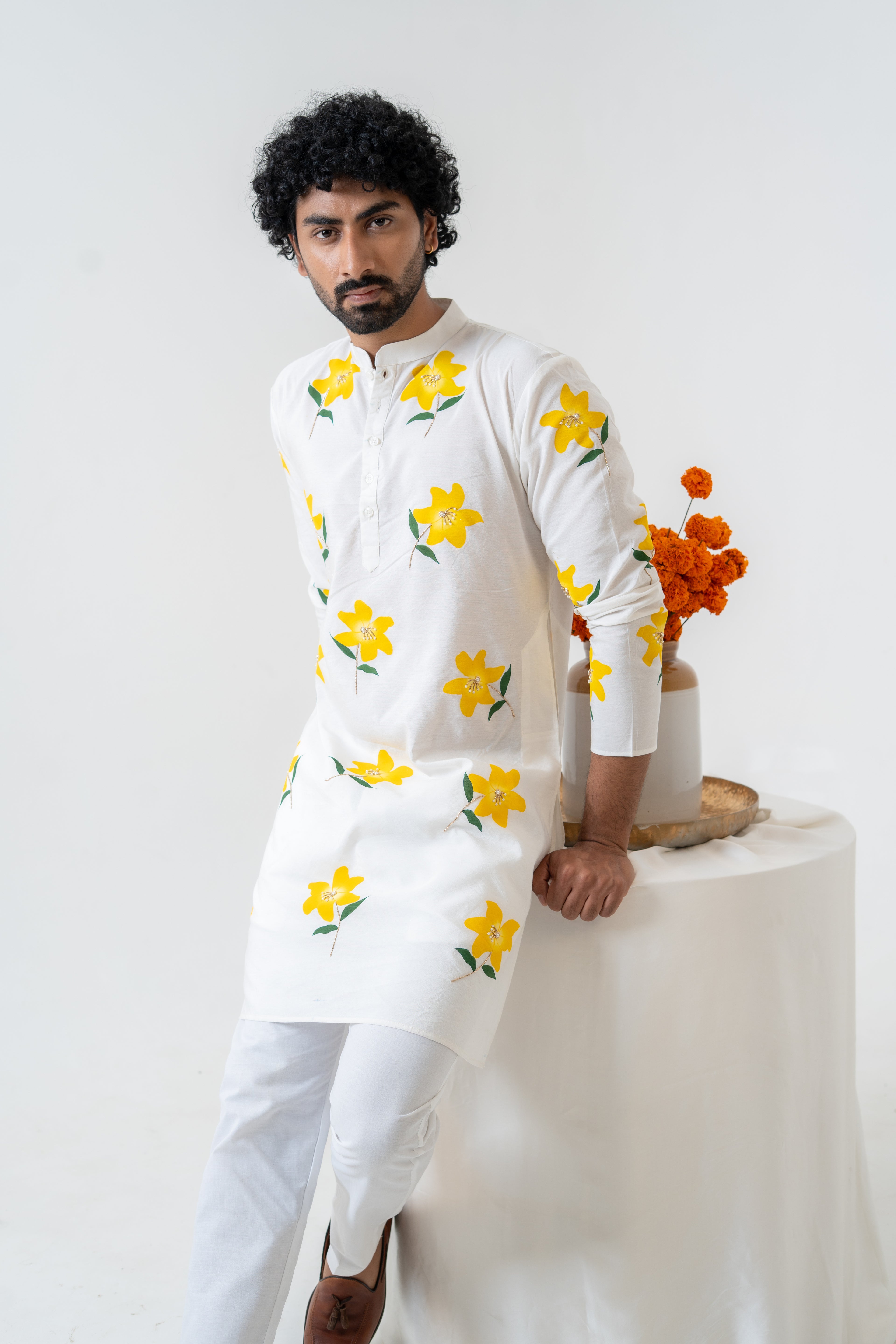 Handpainted and Hand embroidered Ivory Lily Men's Kurta