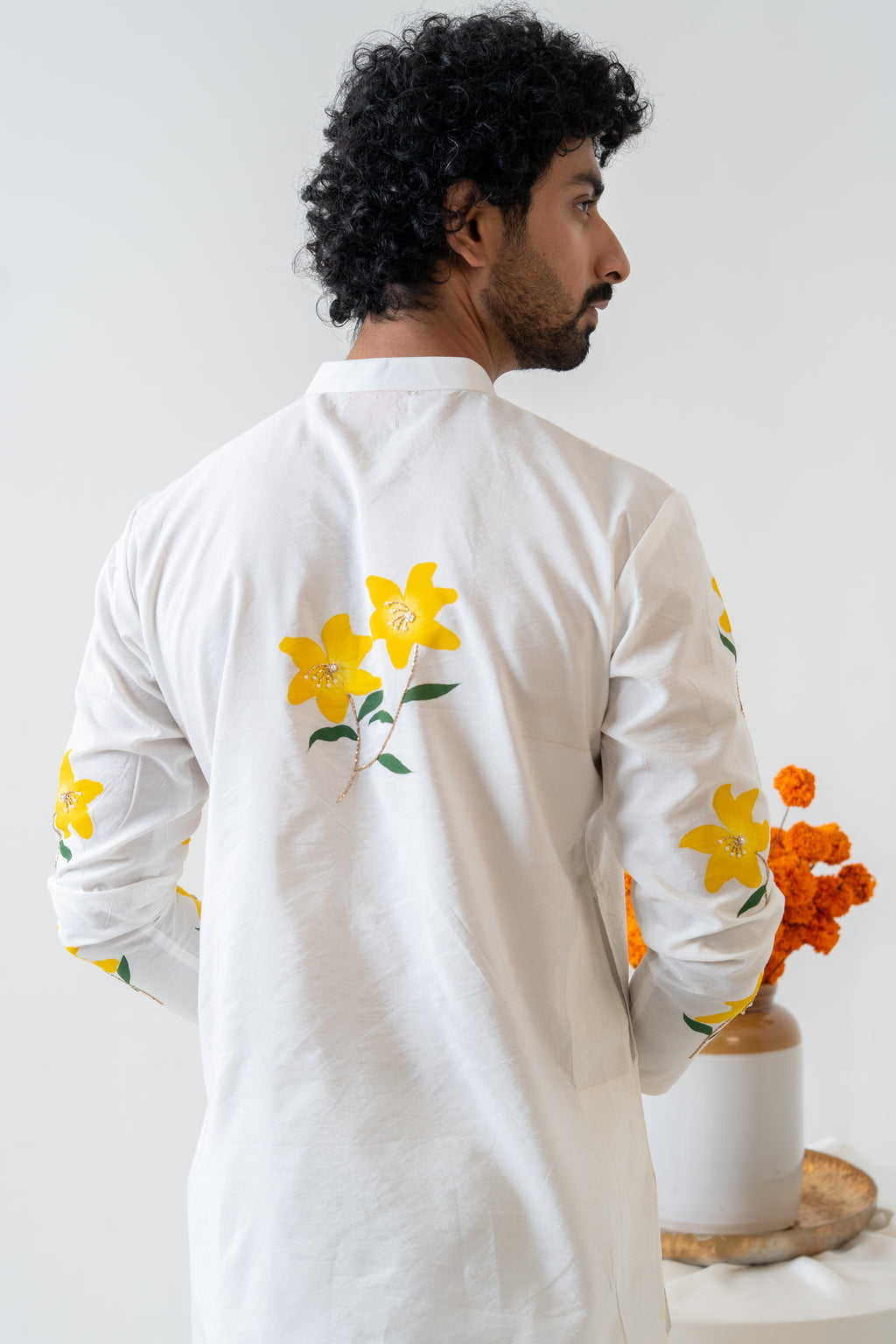 Handpainted and Hand embroidered Ivory Lily Men's Kurta