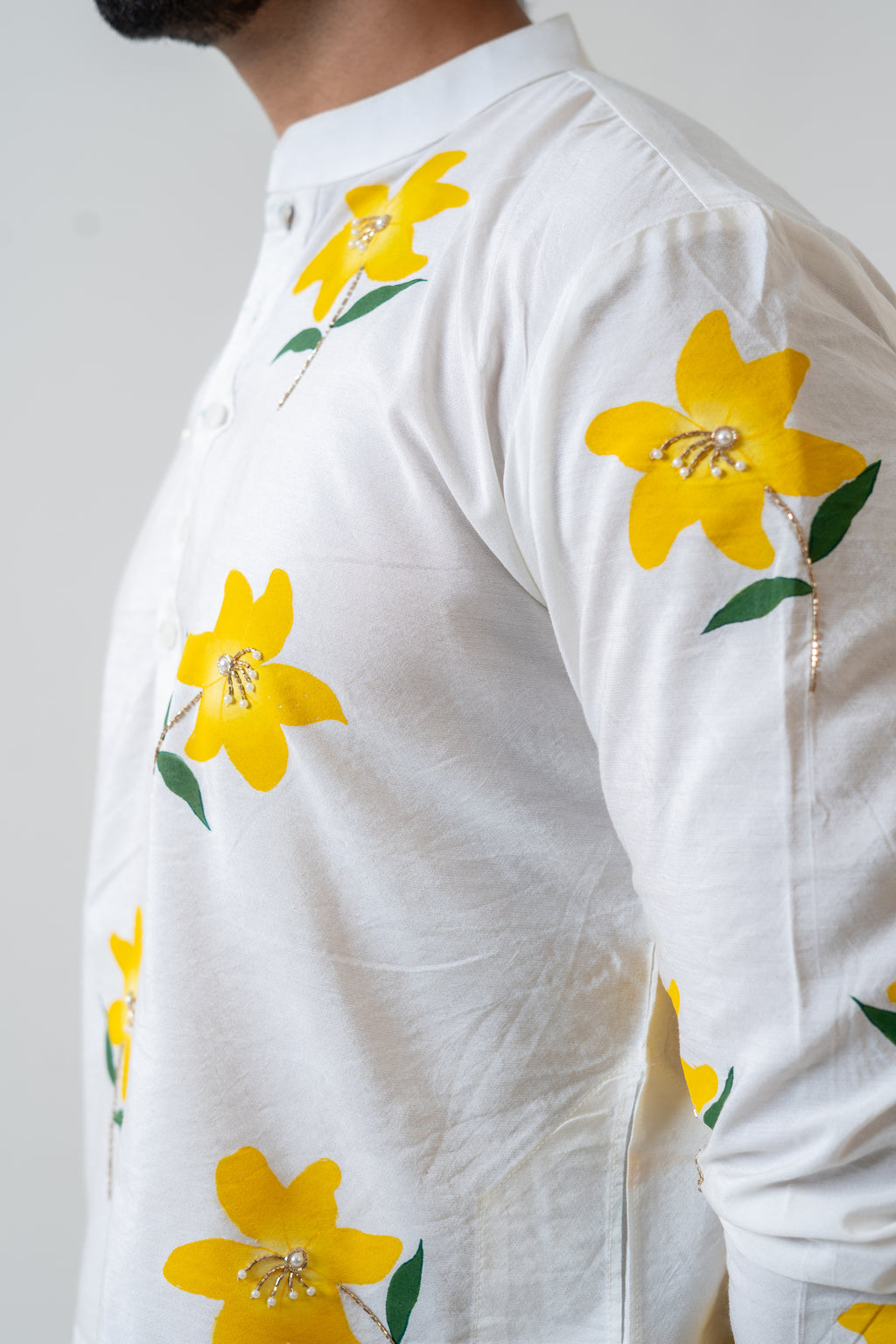 Handpainted and Hand embroidered Ivory Lily Men's Kurta
