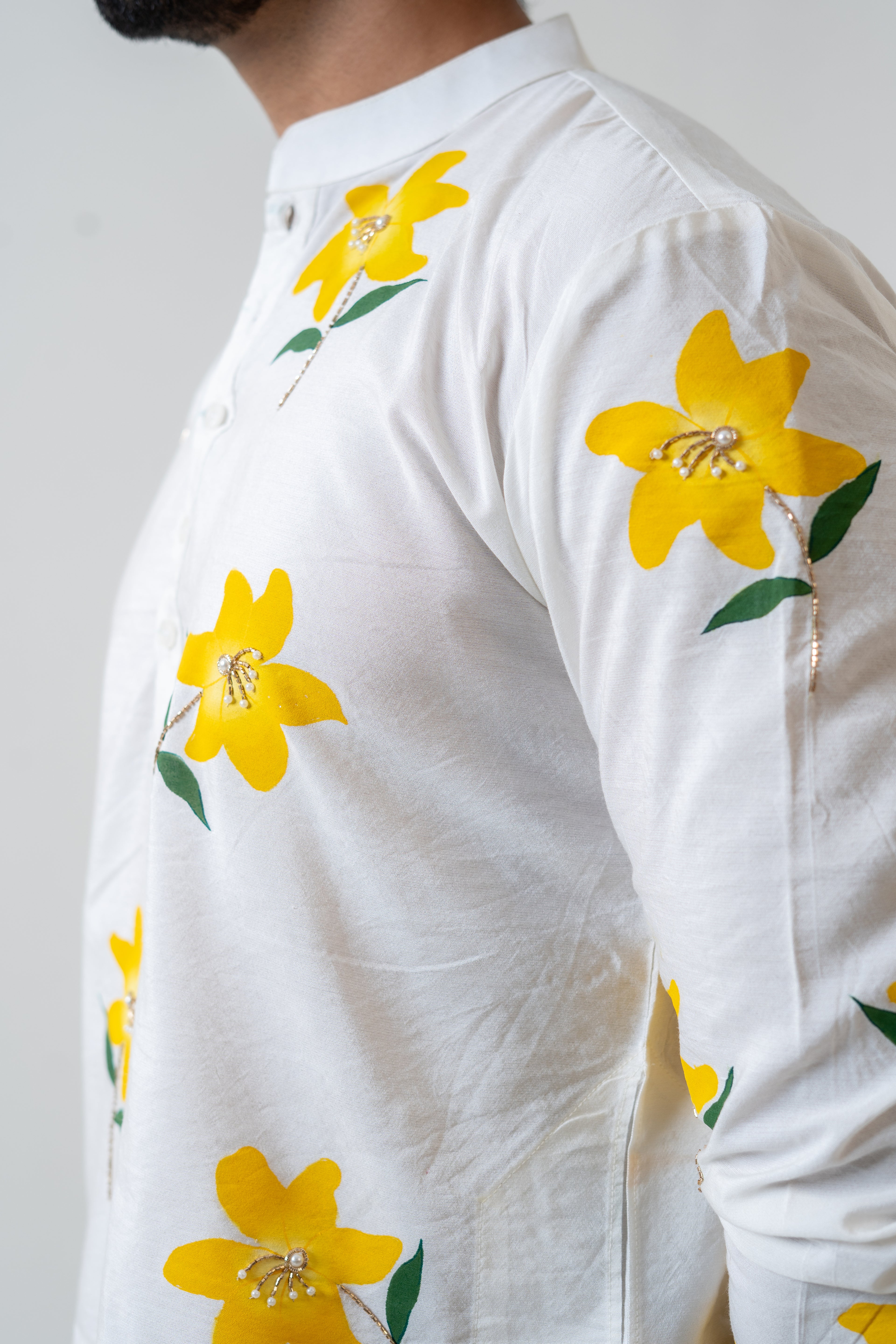 Handpainted and Hand embroidered Ivory Lily Men's Kurta
