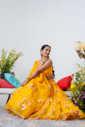Hand-painted and Hand-Embroidered Yellow Silk Organza White Rose Lehenga