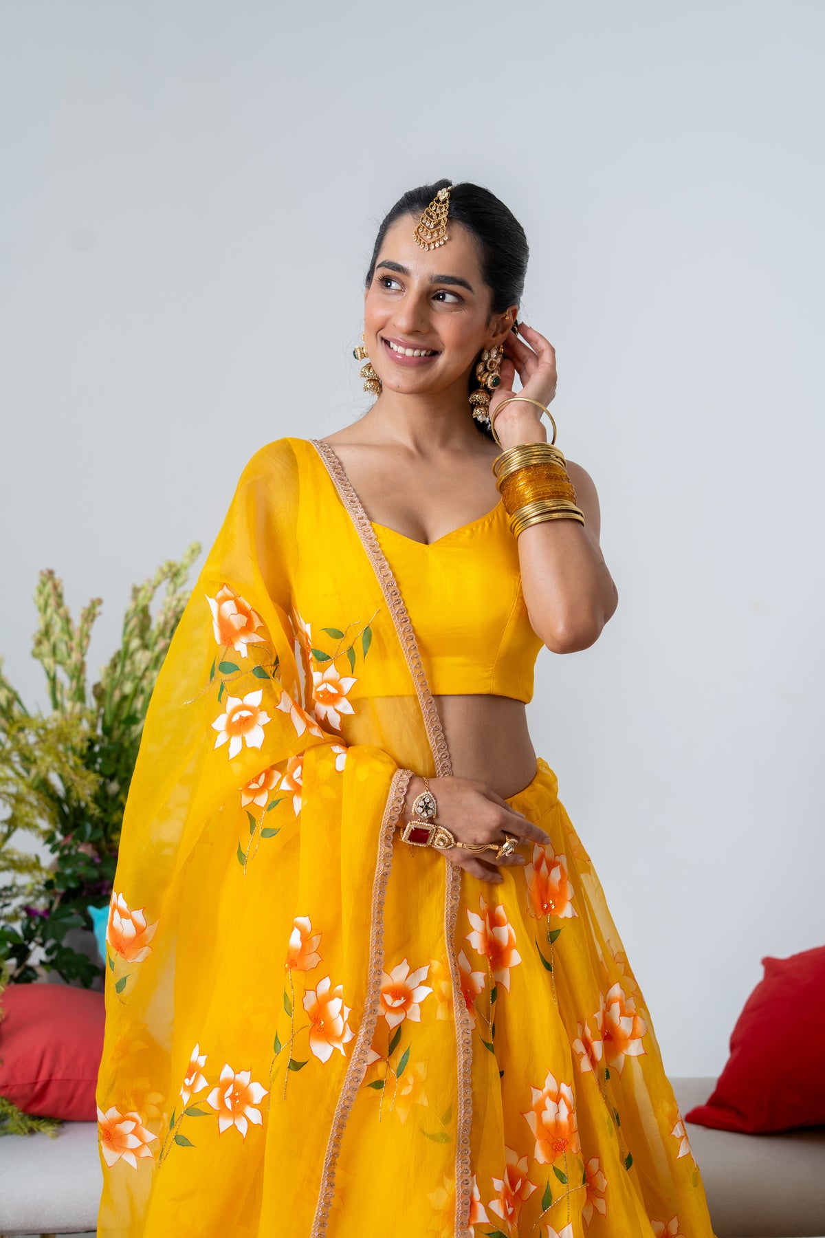 Hand-painted and Hand-Embroidered Yellow Silk Organza White Rose Lehenga