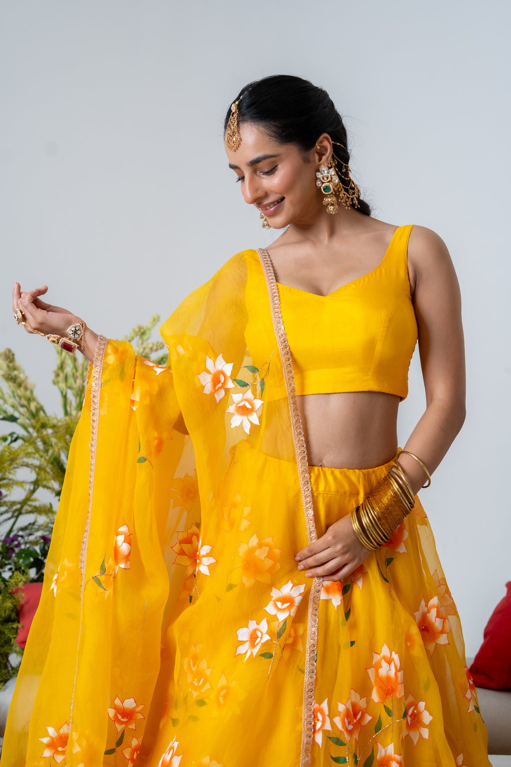Hand-painted and Hand-Embroidered Yellow Silk Organza White Rose Lehenga