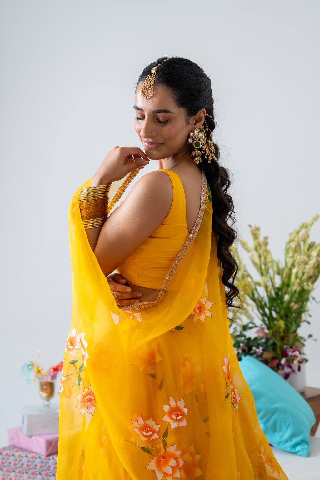 Hand-painted and Hand-Embroidered Yellow Silk Organza White Rose Lehenga