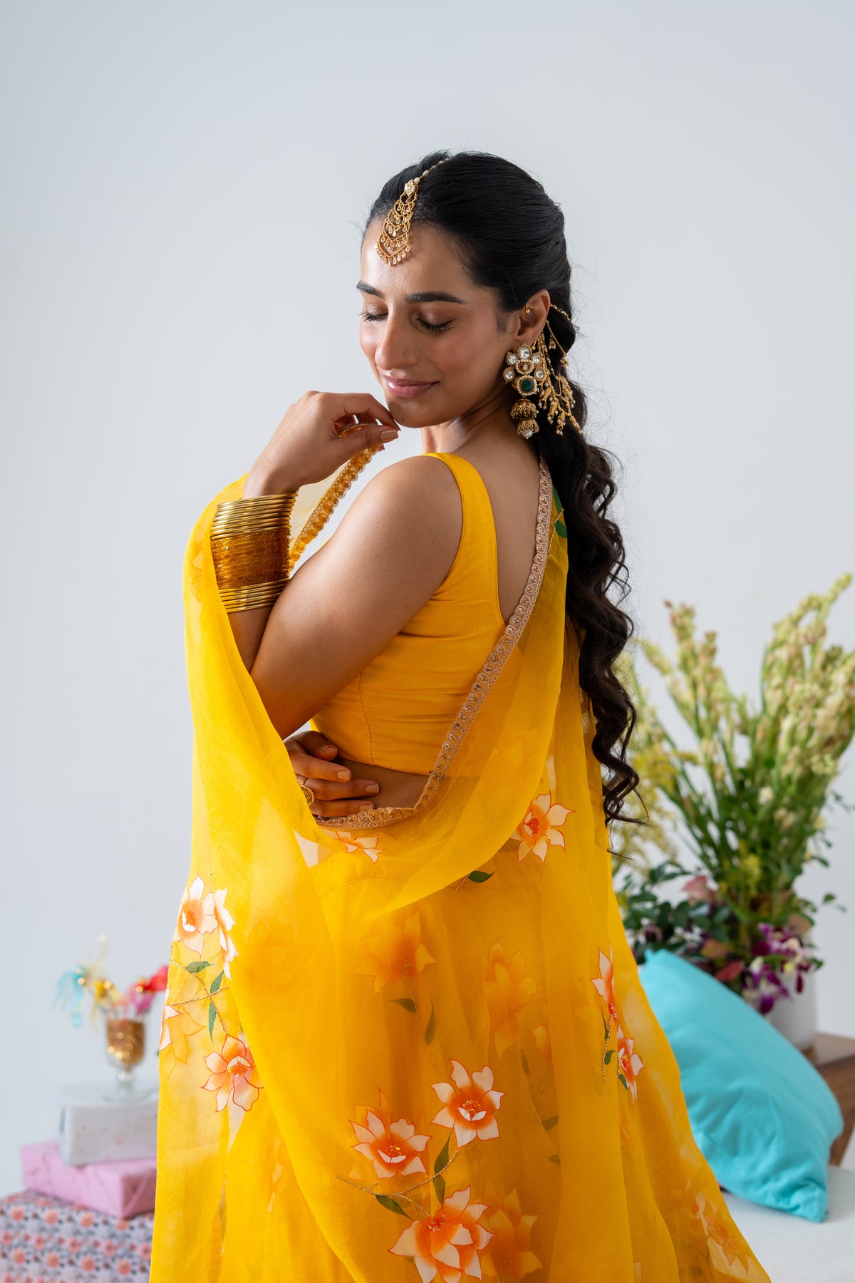 Hand-painted and Hand-Embroidered Yellow Silk Organza White Rose Lehenga