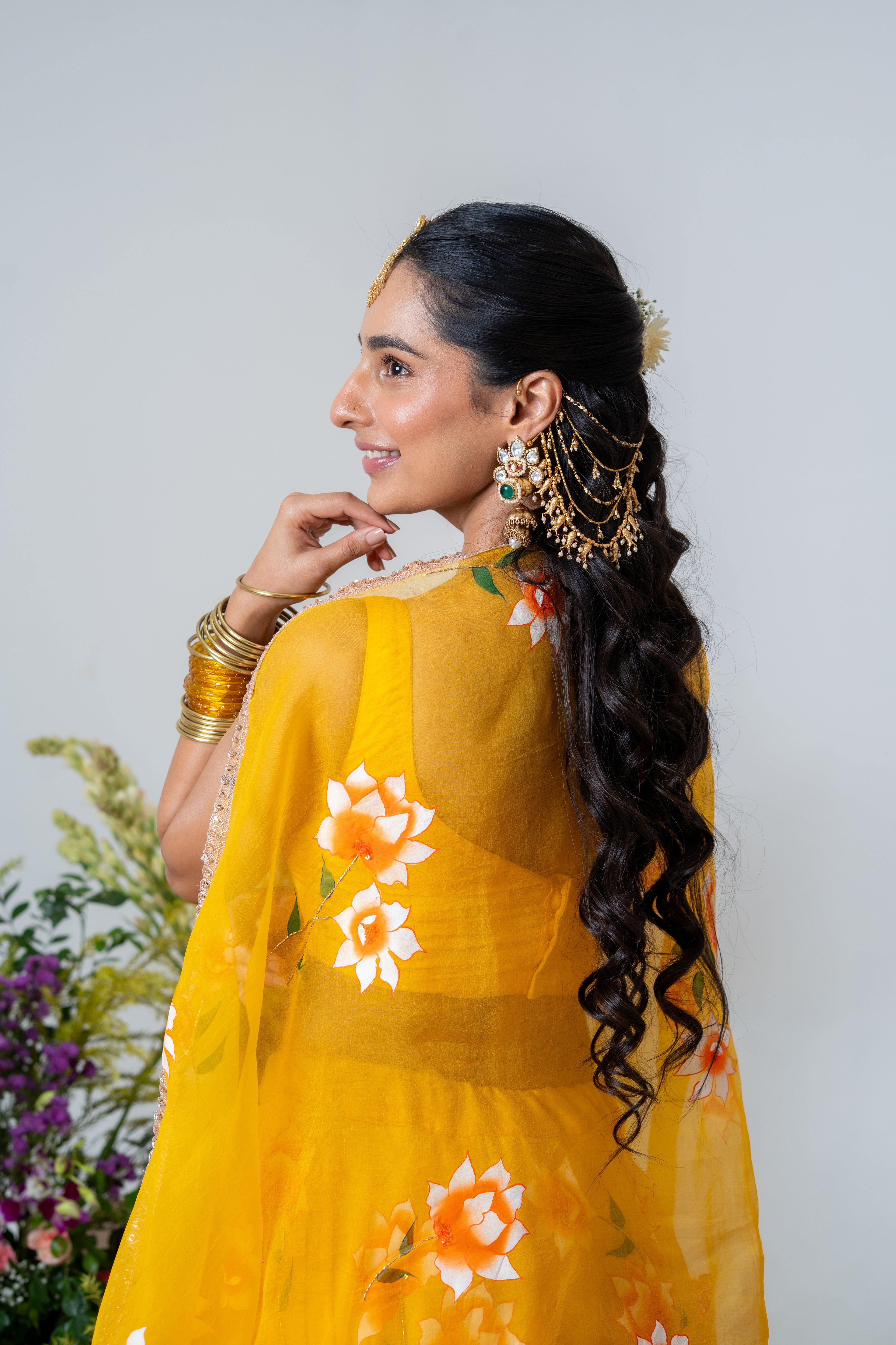 Hand-painted and Hand-Embroidered Yellow Silk Organza White Rose Lehenga