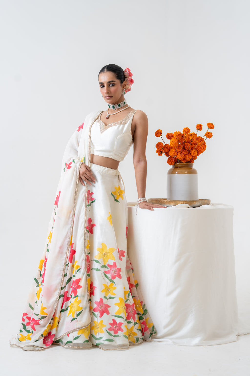 Hand-painted and Hand embroidered Ivory Silk Organza Lily Lehenga