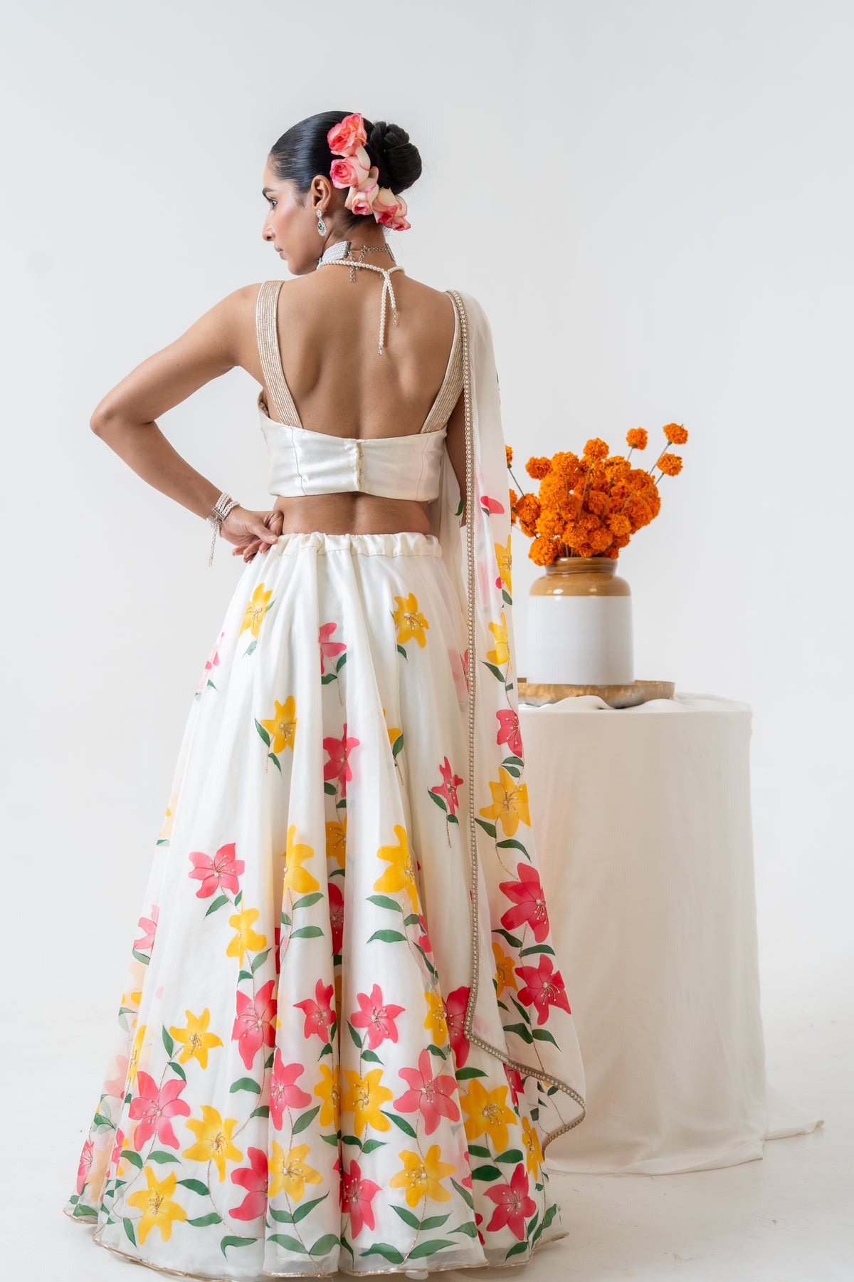 Hand-painted and Hand embroidered Ivory Silk Organza Lily Lehenga