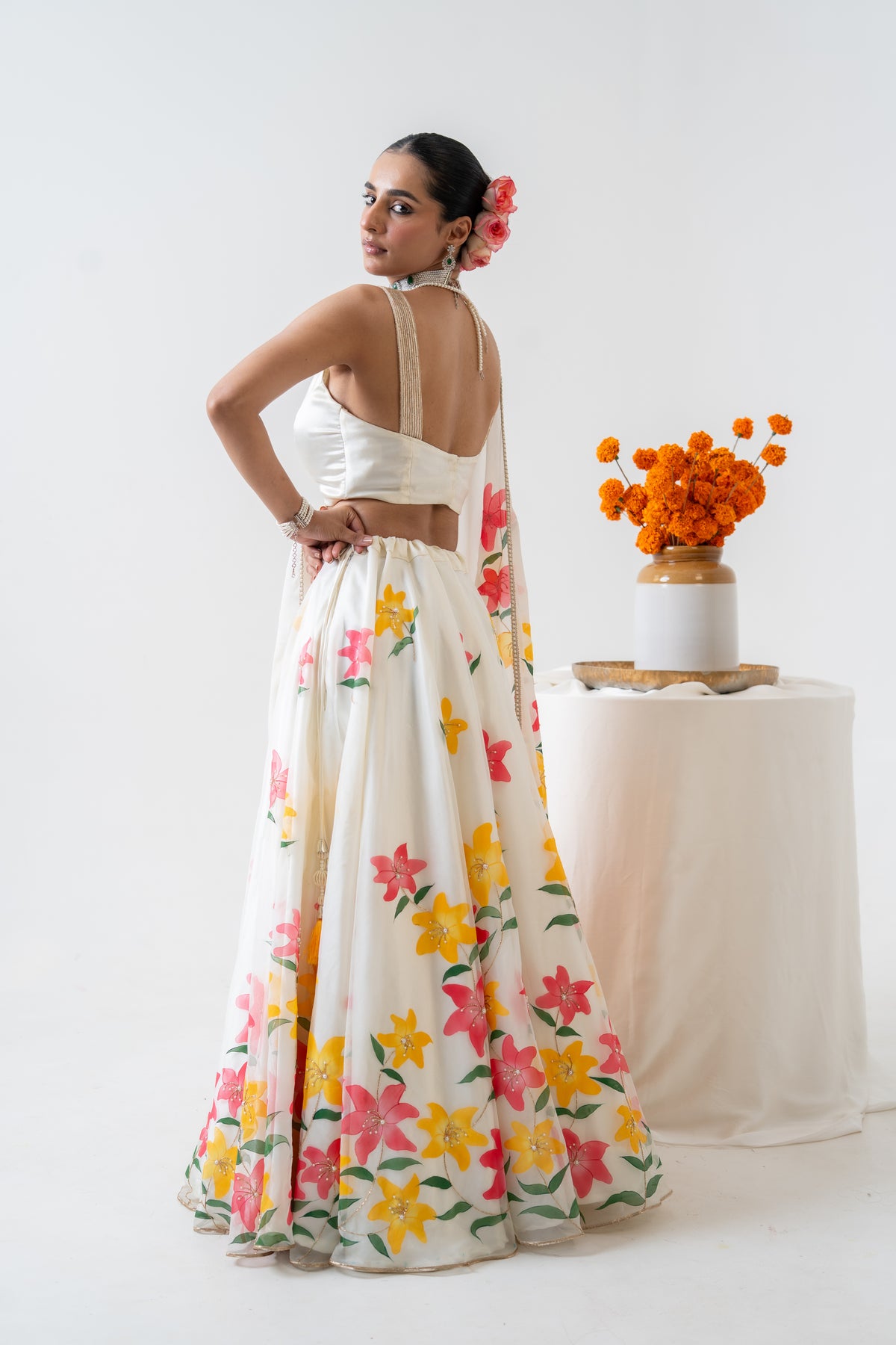 Hand-painted and Hand embroidered Ivory Silk Organza Lily Lehenga