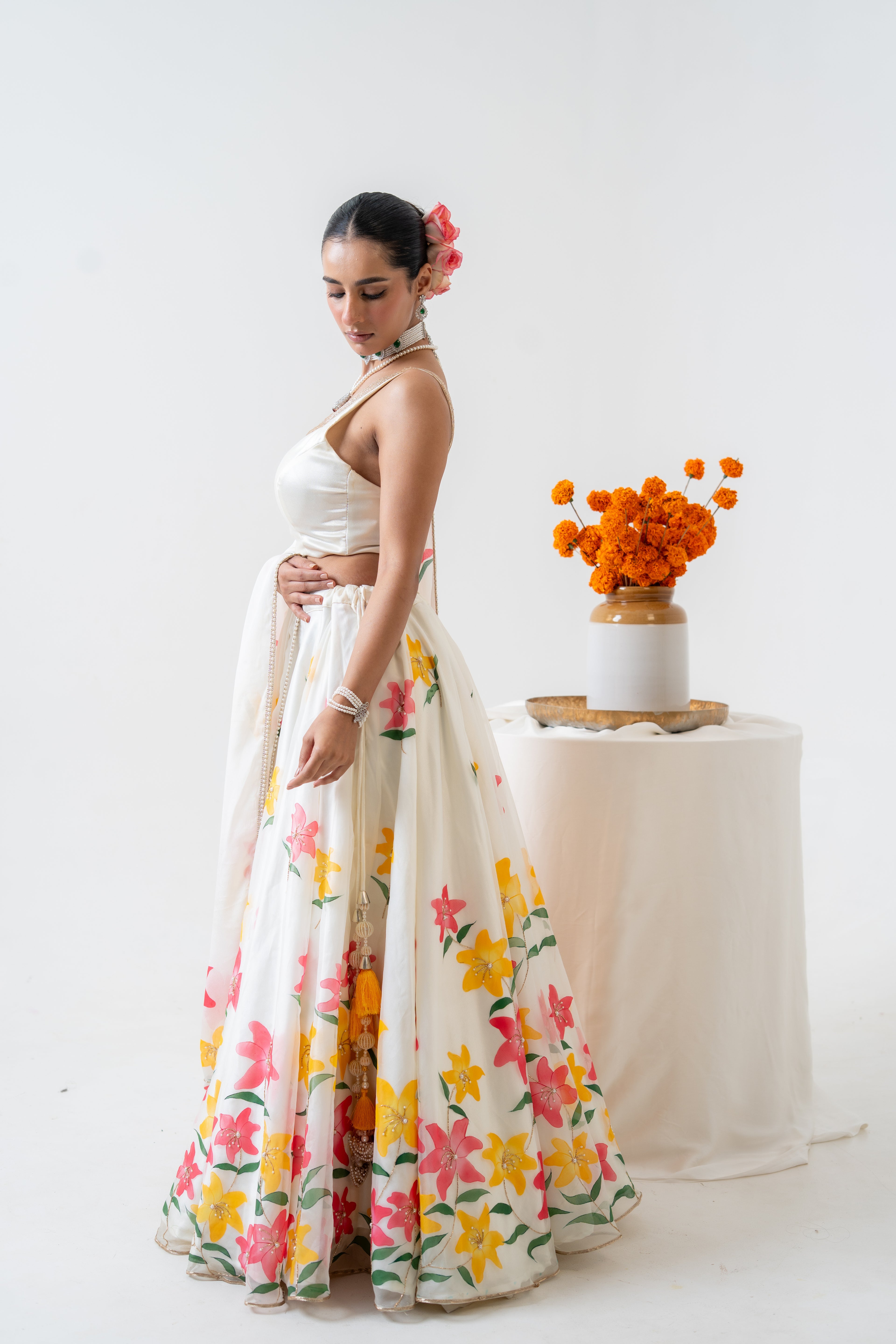 Hand-painted and Hand embroidered Ivory Silk Organza Lily Lehenga