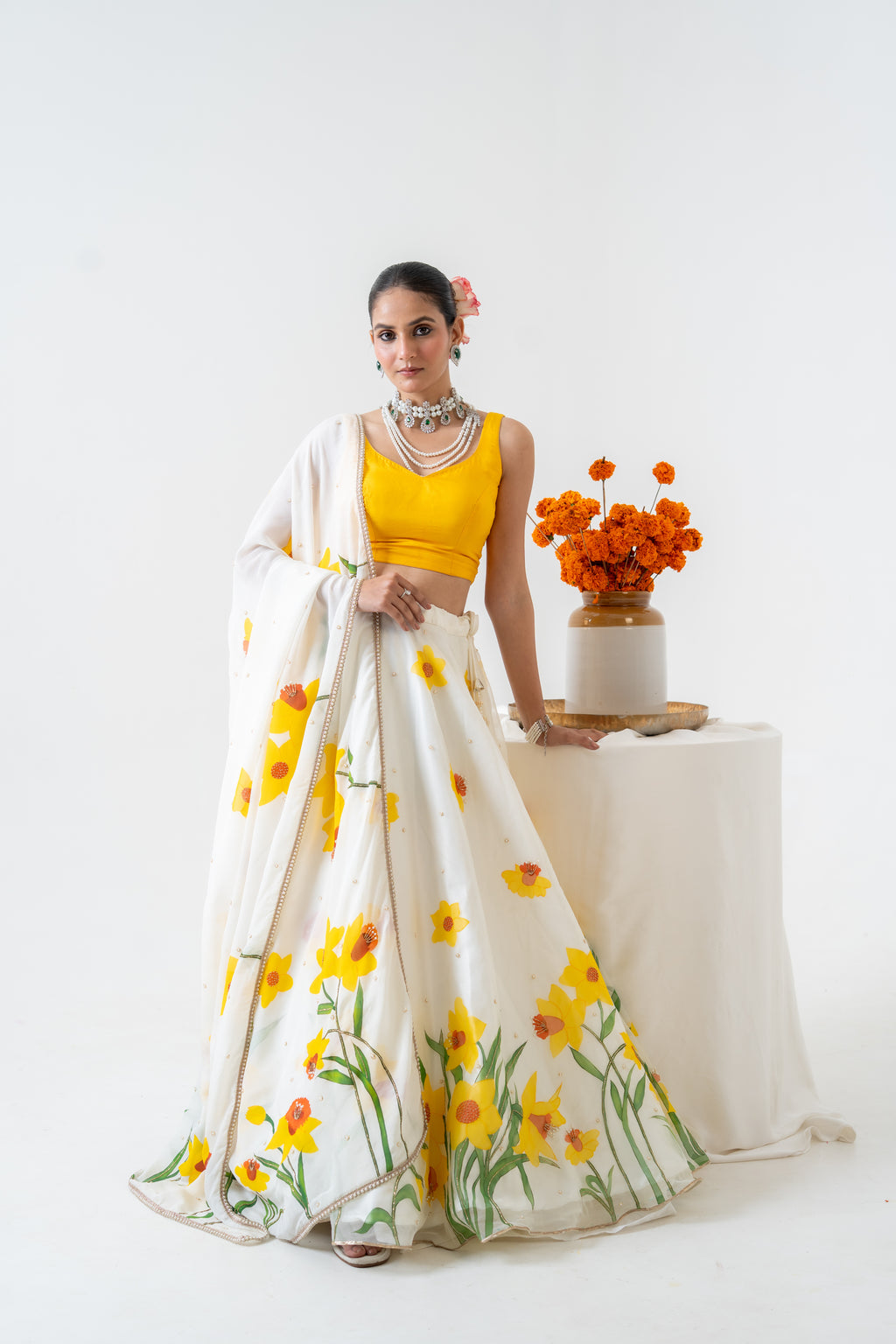 Hand-painted and Handembroiderd Ivory Silk Organza Daffodil Lehenga
