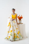 Hand-painted and Handembroiderd Ivory Silk Organza Daffodil Lehenga