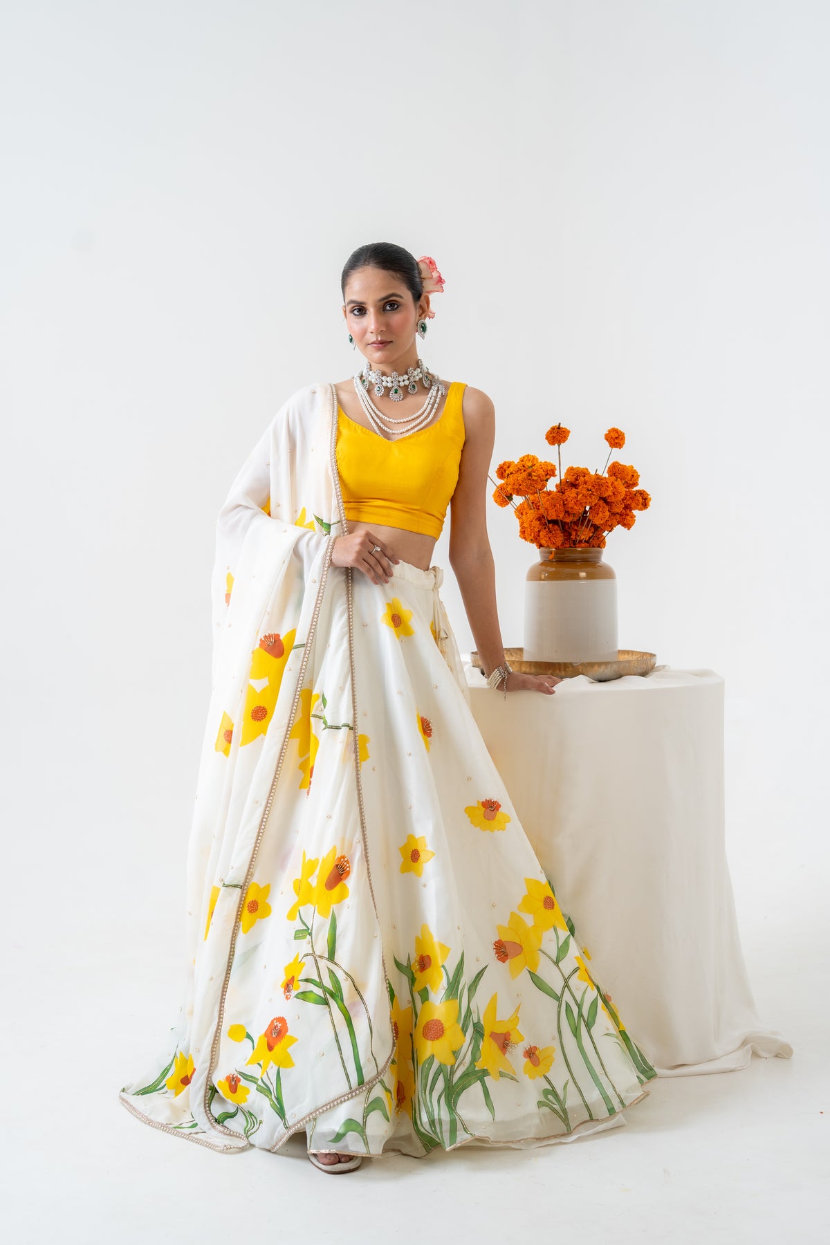 Hand-painted and Handembroiderd Ivory Silk Organza Daffodil Lehenga
